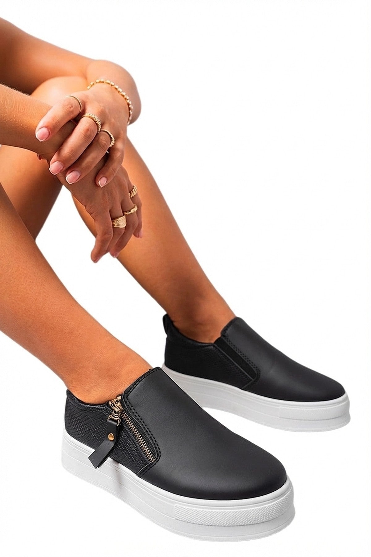 Andrea Zipper Decor Slip On Trainers - All Black_wb