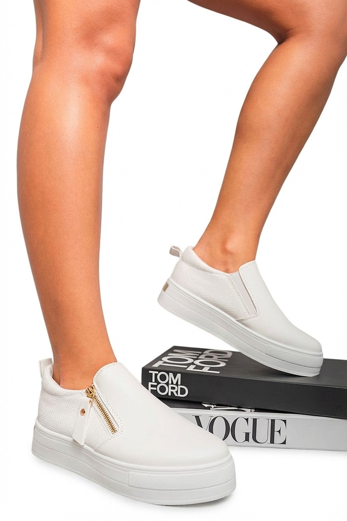 Andrea Zipper Decor Slip On Trainers - White_wb