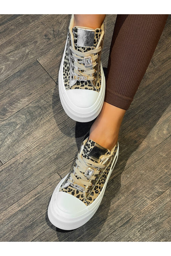 Angelah Lace Up Love Platform Trainers - Leopard