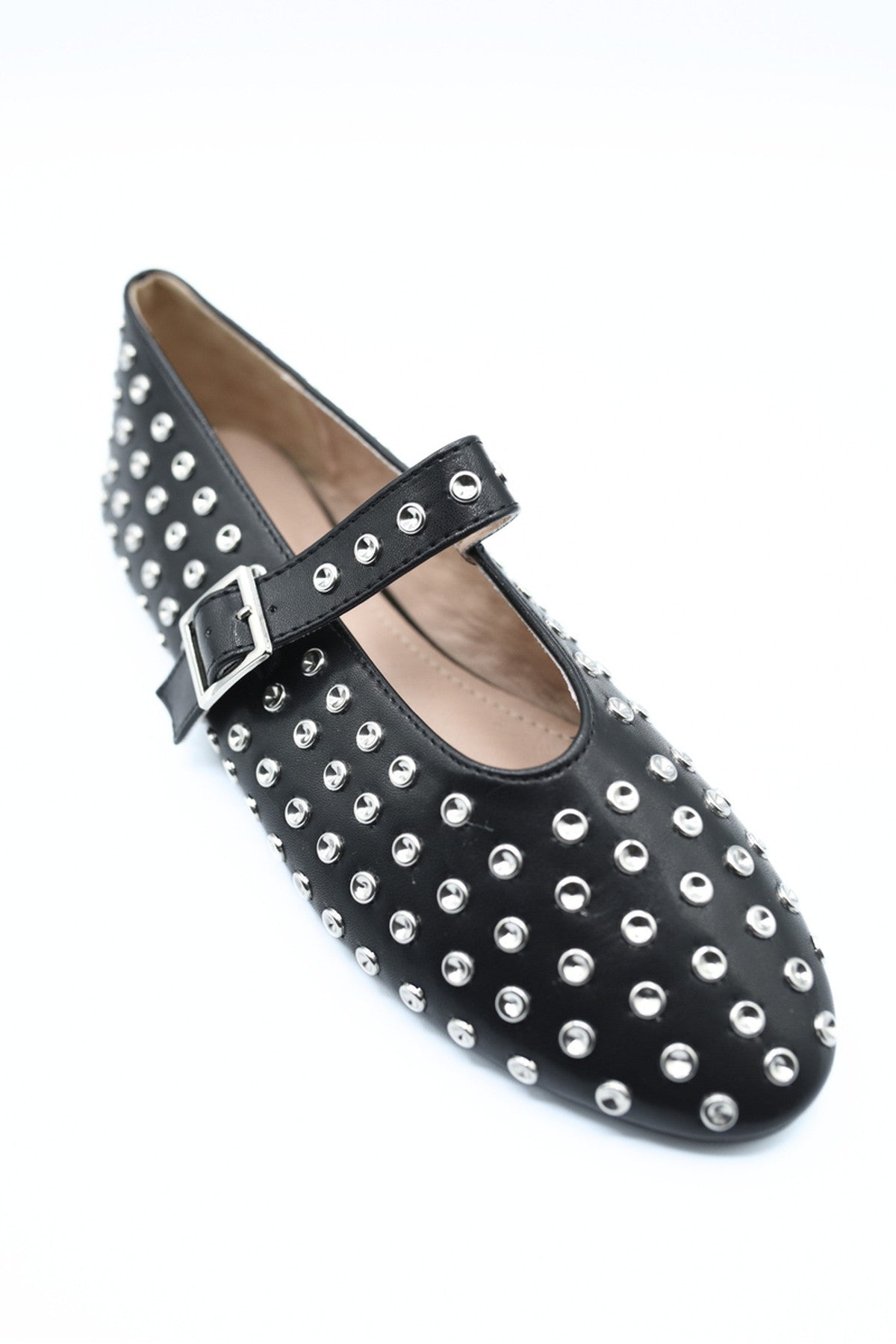 Anna Rhinestone Decor Round Toe Buckle Strap Flat Shoes - Black