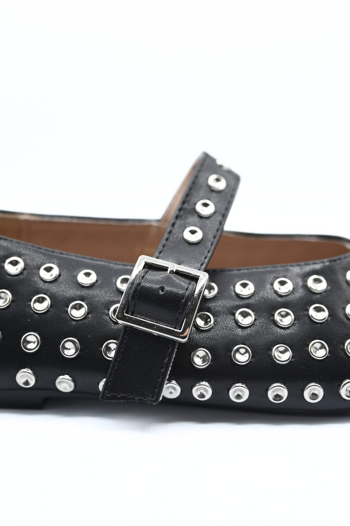Anna Rhinestone Decor Round Toe Buckle Strap Flat Shoes - Black
