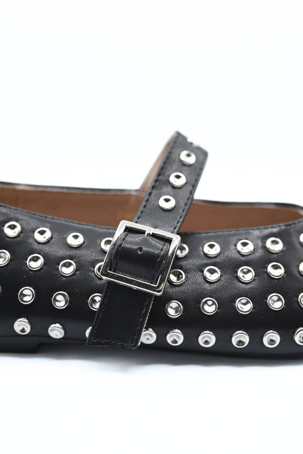 Anna Rhinestone Decor Round Toe Buckle Strap Flat Shoes - Black