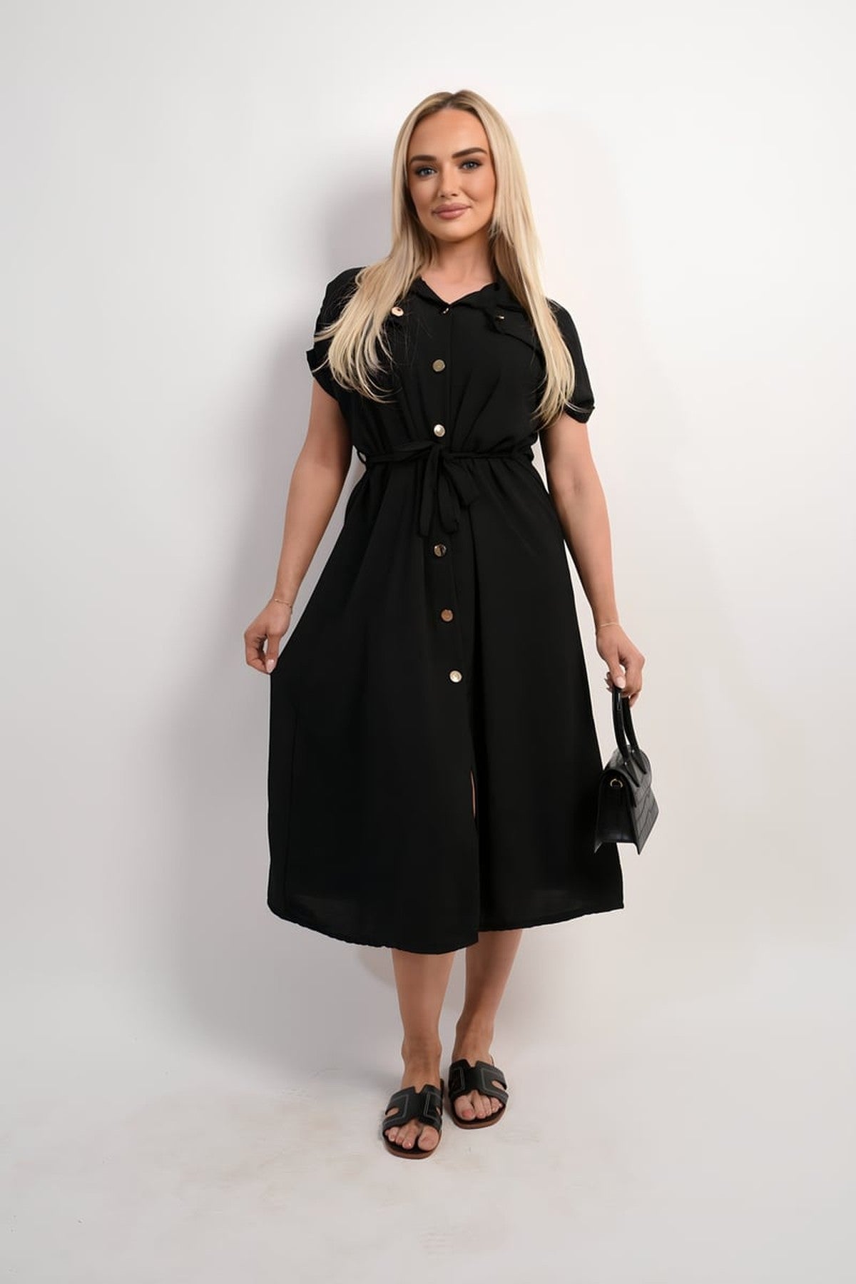 Annie Collared Button Down Short Sleeve Tie Waist Midi Dress - Black