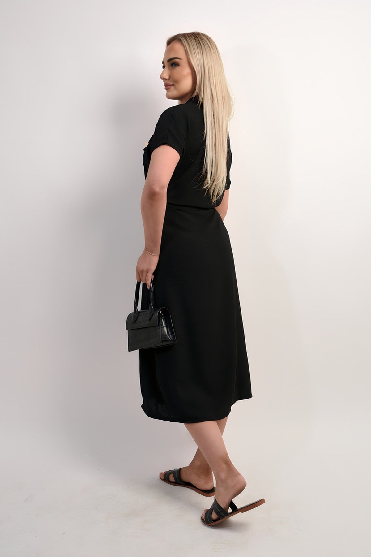 Annie Collared Button Down Short Sleeve Tie Waist Midi Dress - Black