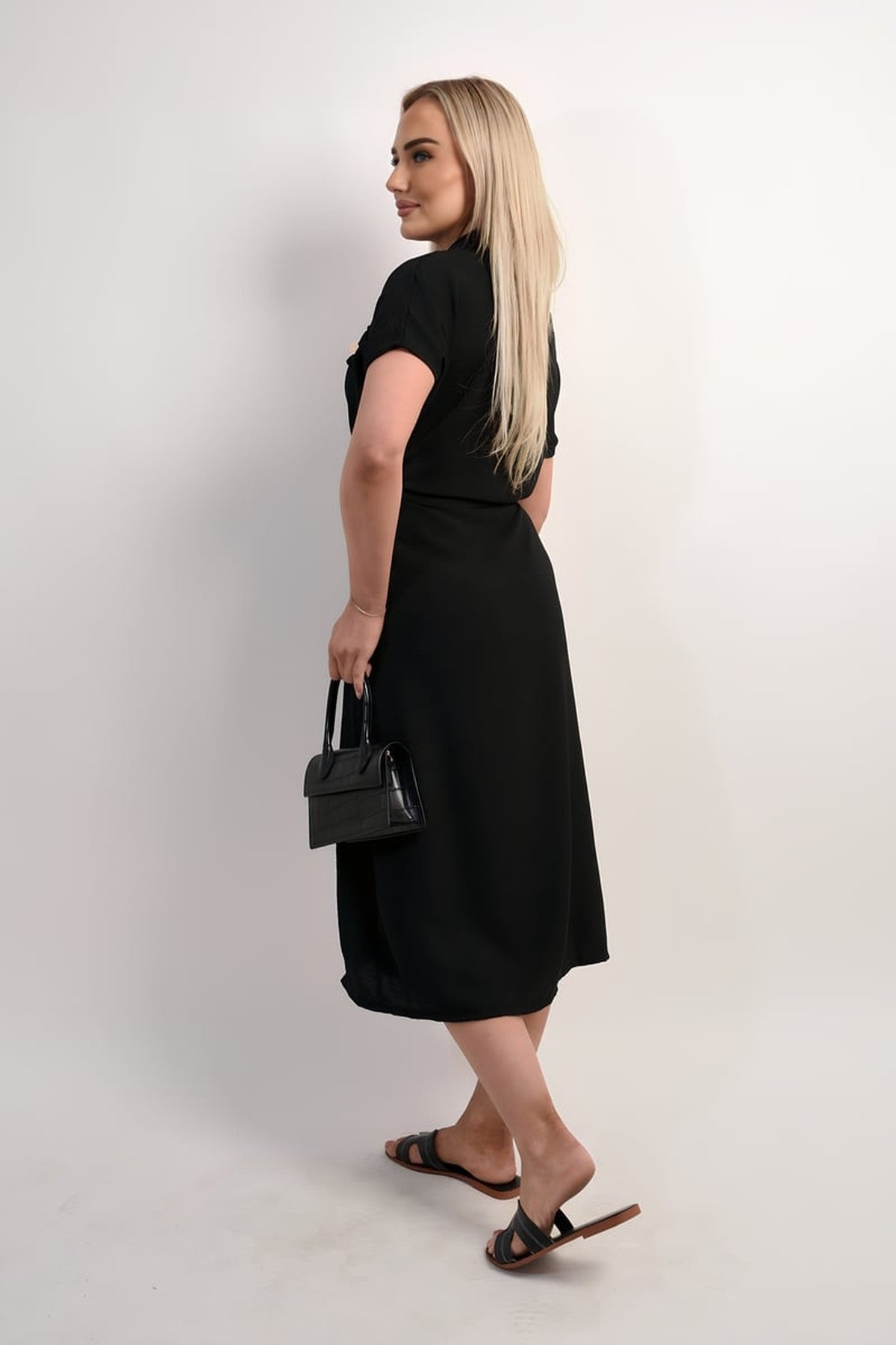 Annie Collared Button Down Short Sleeve Tie Waist Midi Dress - Black
