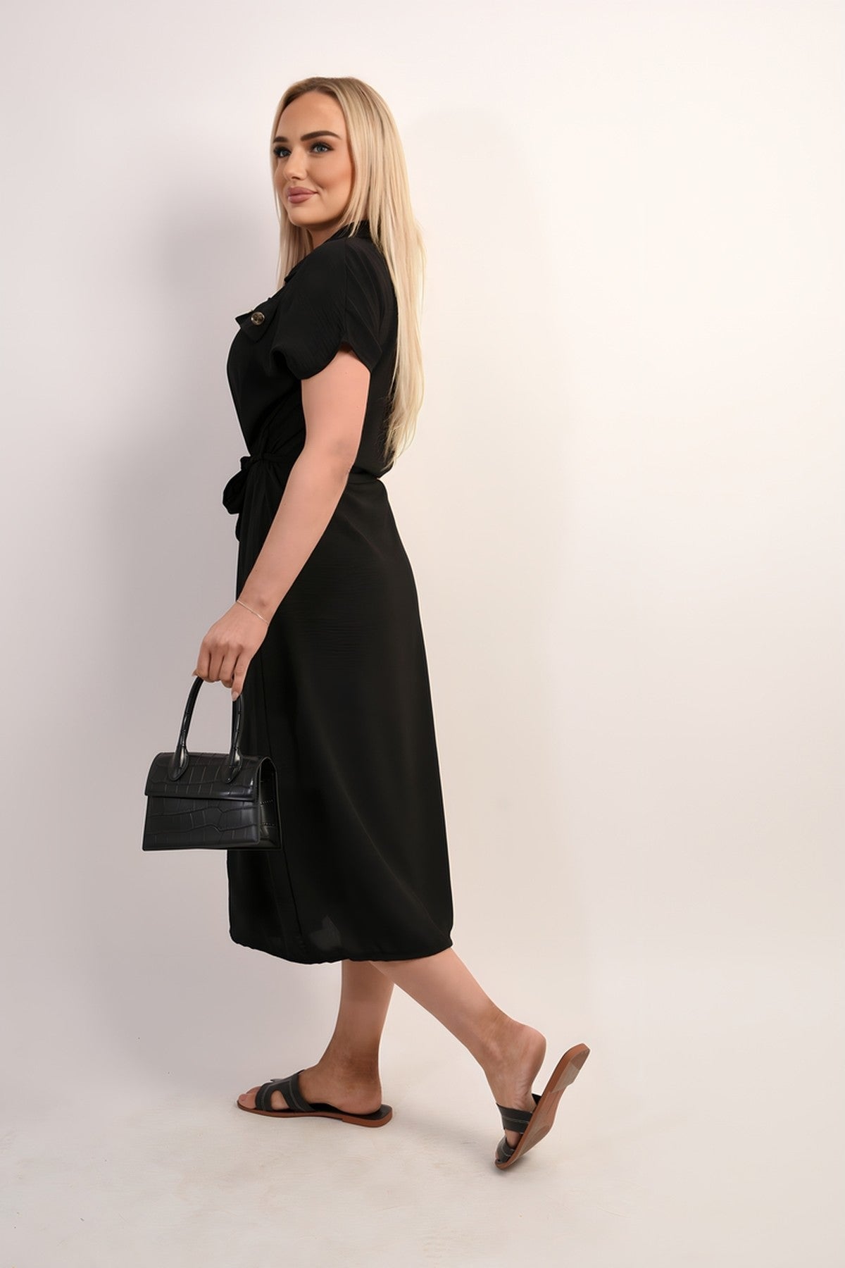 Annie Collared Button Down Short Sleeve Tie Waist Midi Dress - Black
