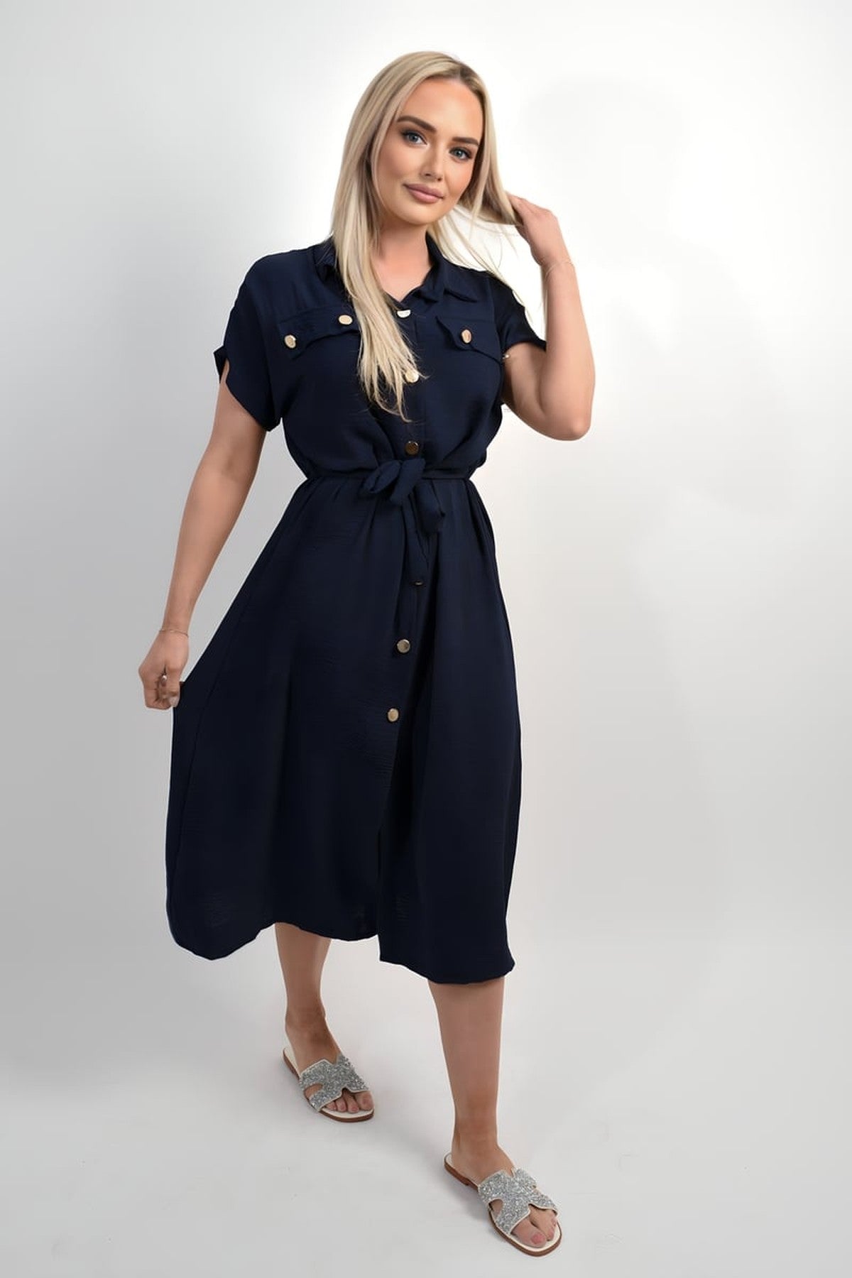 Annie Collared Button Down Short Sleeve Tie Waist Midi Dress - Navy