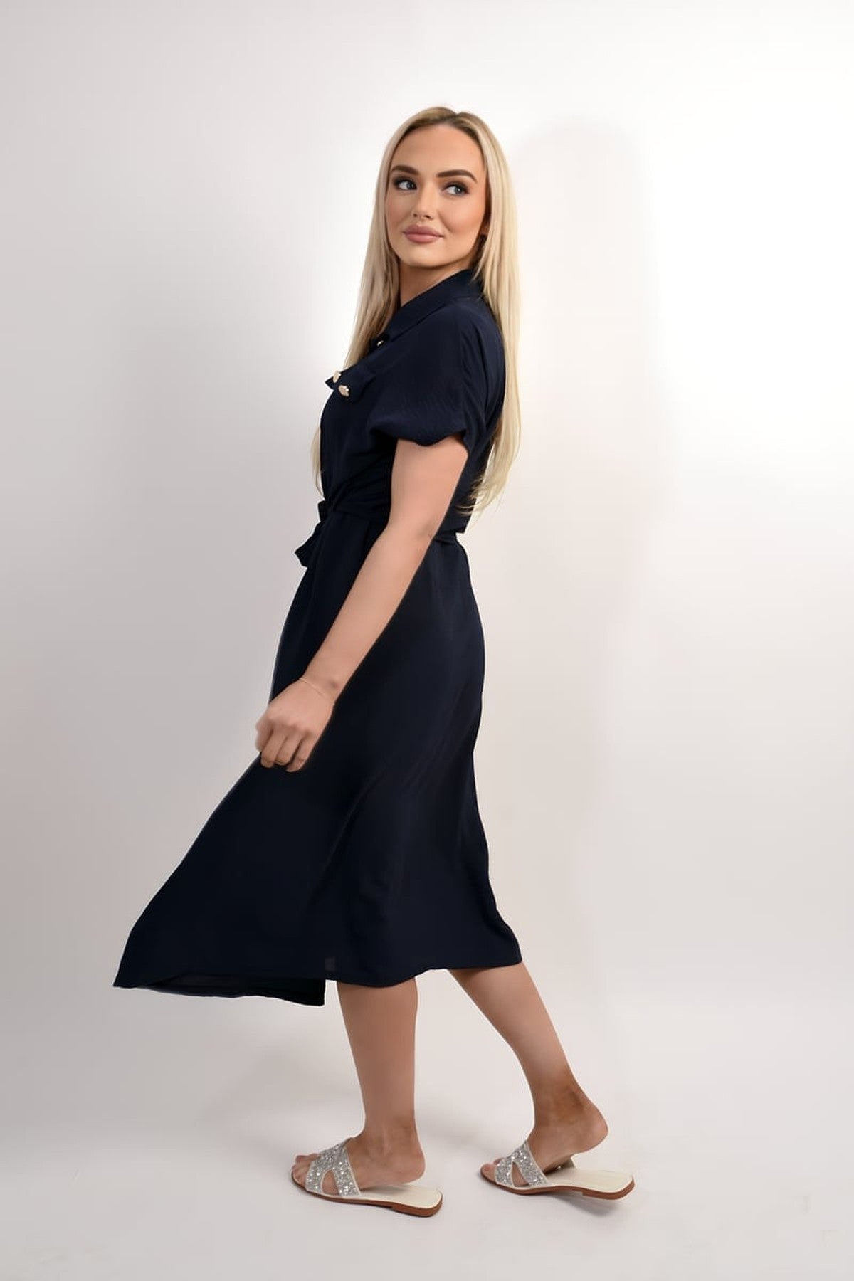 Annie Collared Button Down Short Sleeve Tie Waist Midi Dress - Navy