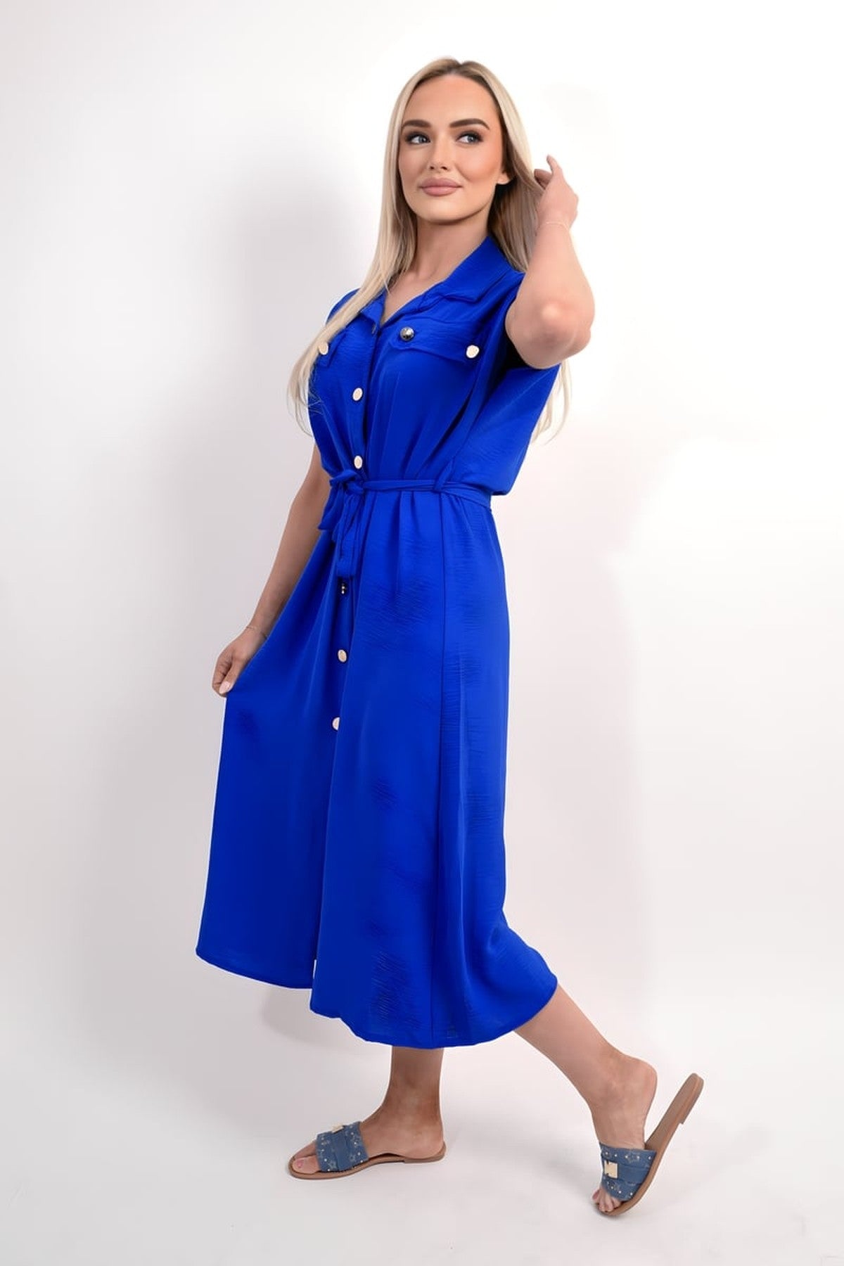 Annie Collared Button Down Short Sleeve Tie Waist Midi Dress - Royal