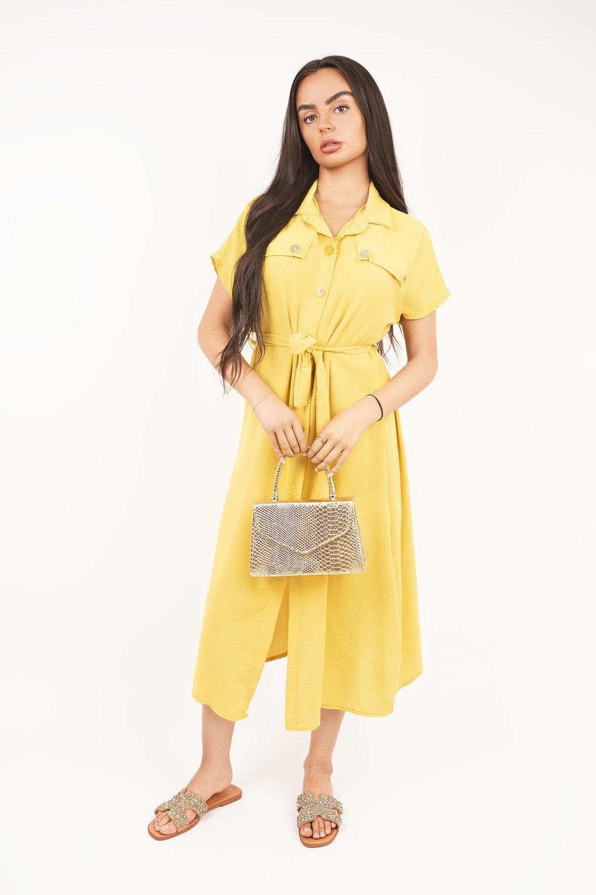 Annie Collared Button Down Short Sleeve Tie Waist Midi Dress - Yellow