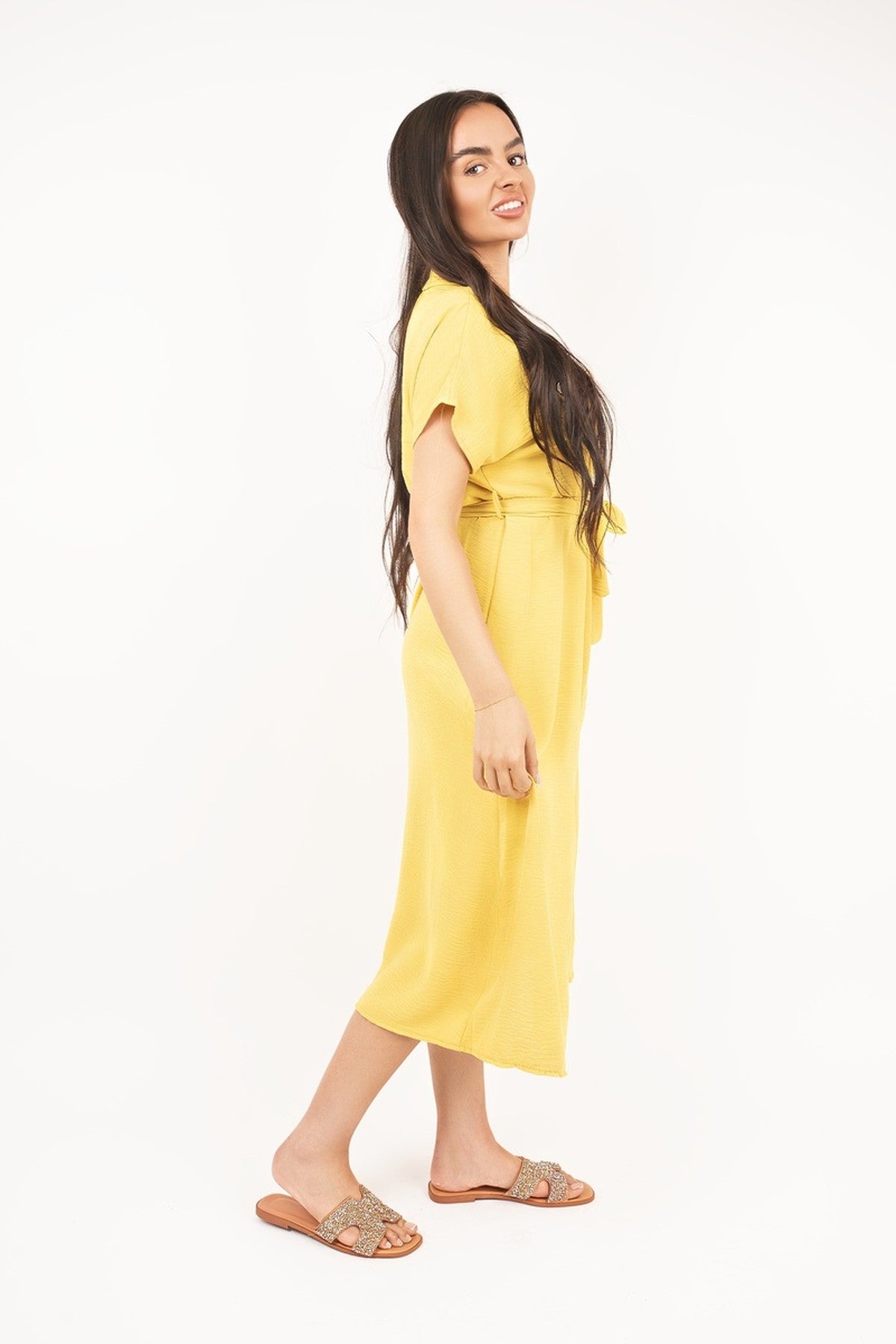 Annie Collared Button Down Short Sleeve Tie Waist Midi Dress - Yellow