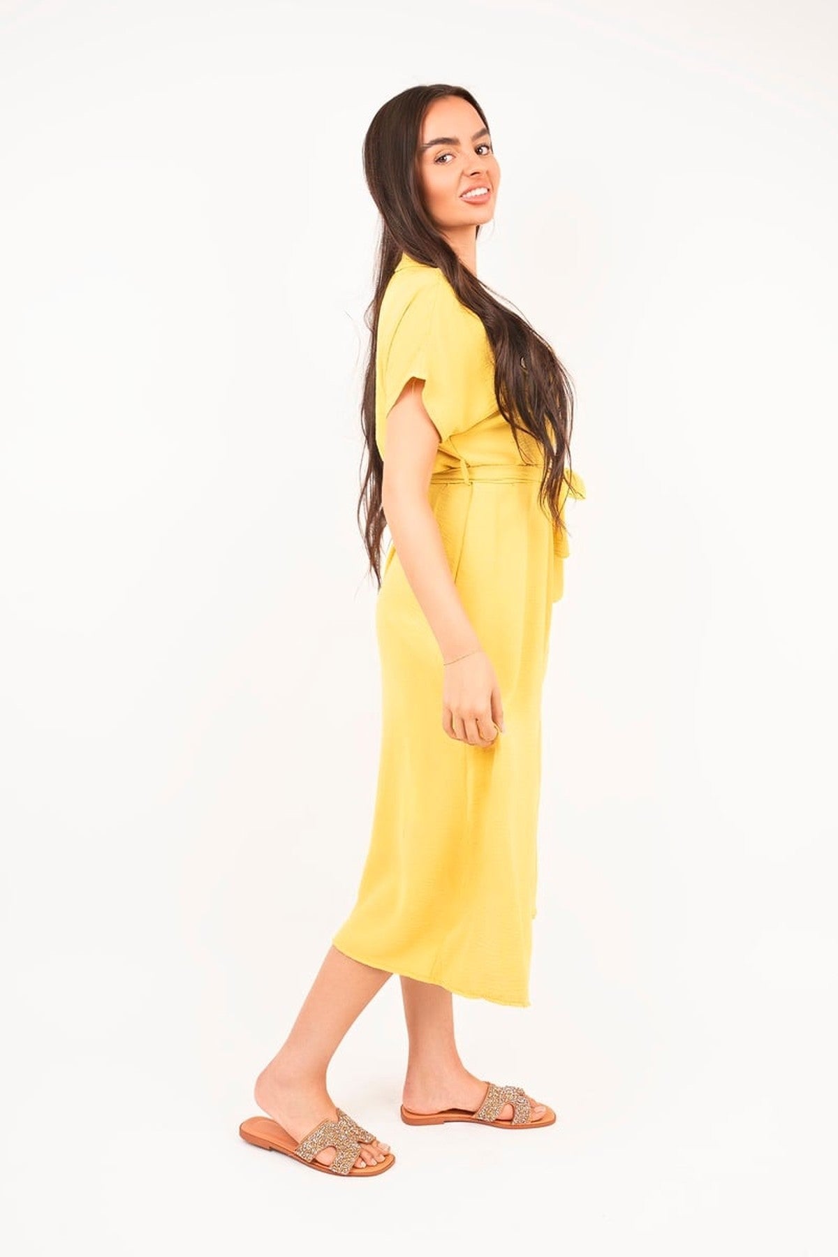 Annie Collared Button Down Short Sleeve Tie Waist Midi Dress - Yellow