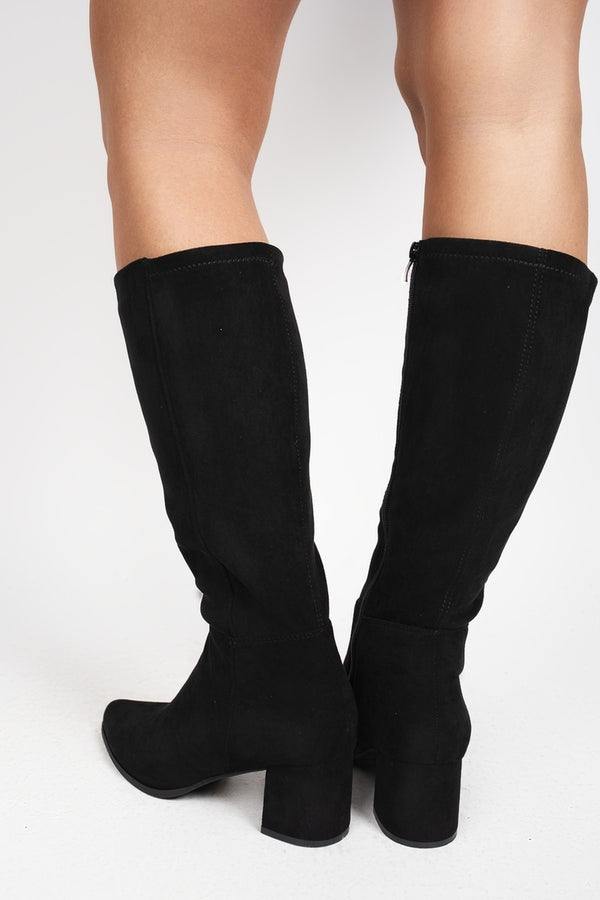 Ardina Suede Knee High Block Heel Boots - Black