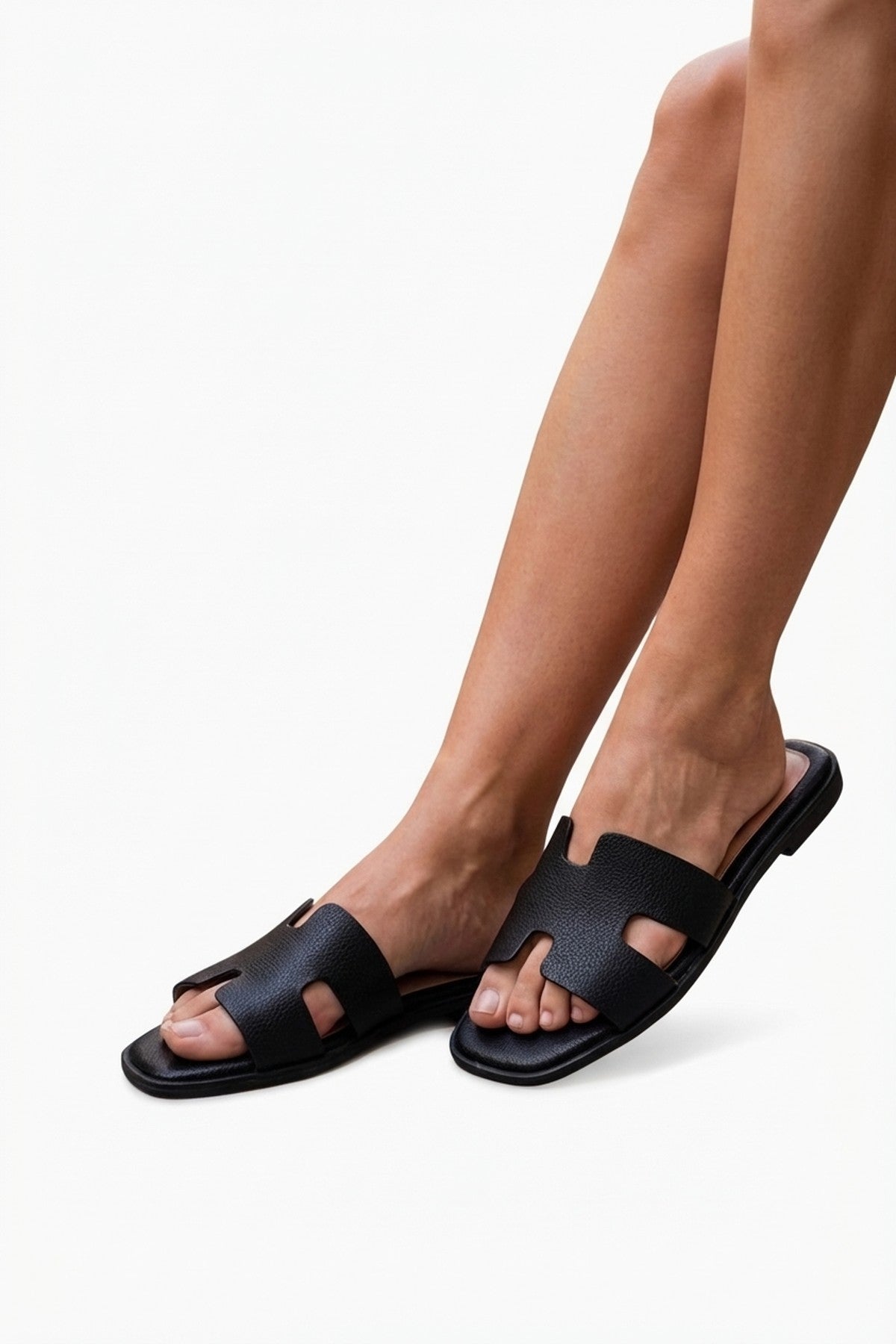 Aria Womens H-Strap Flat Slide Sandals - BLACK