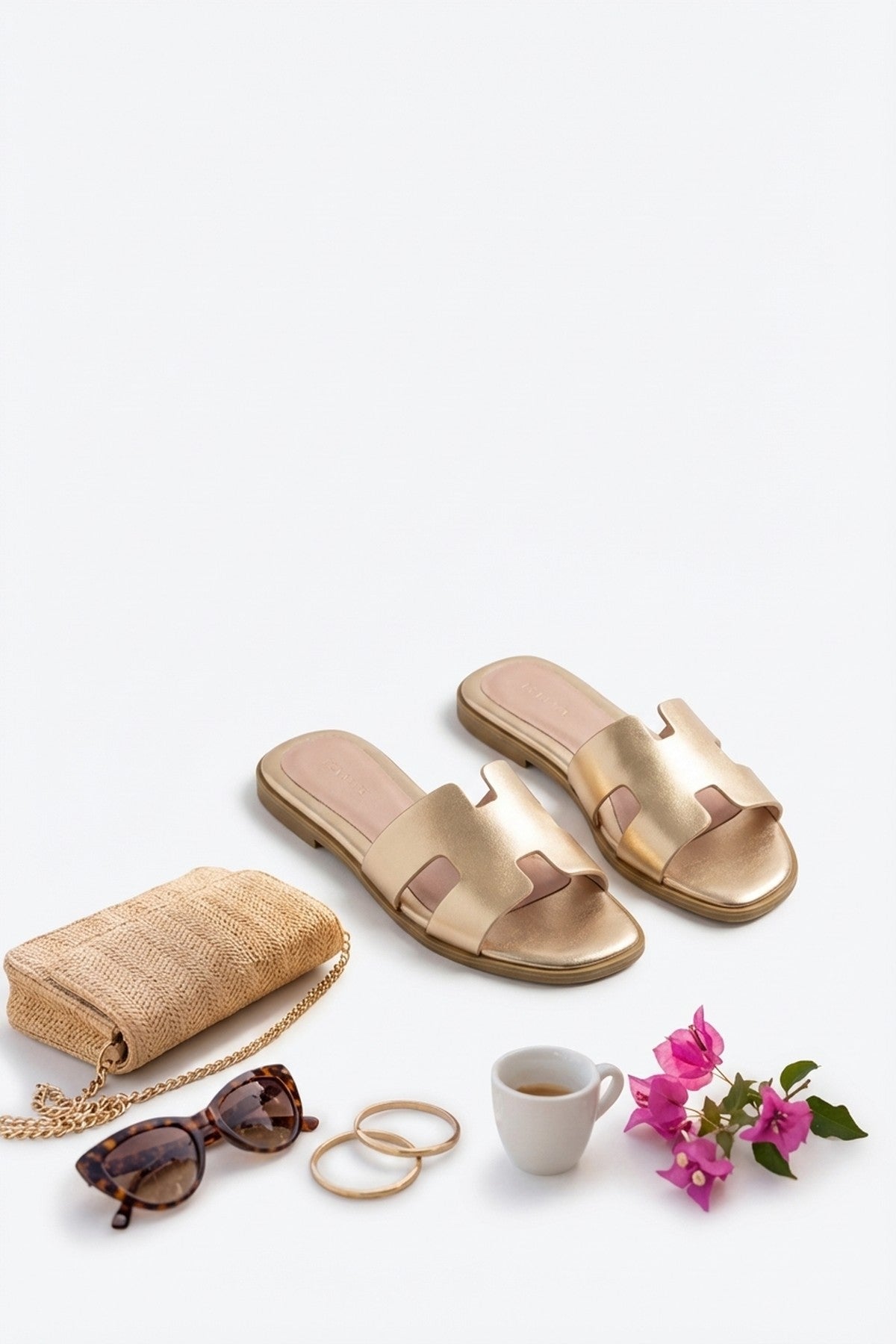 Aria Womens H-Strap Flat Slide Sandals - GOLD