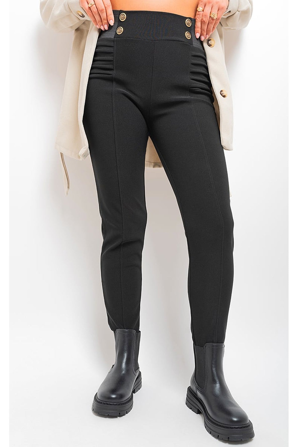 Ariah Elastic Waist Button Detail Leggings - Black