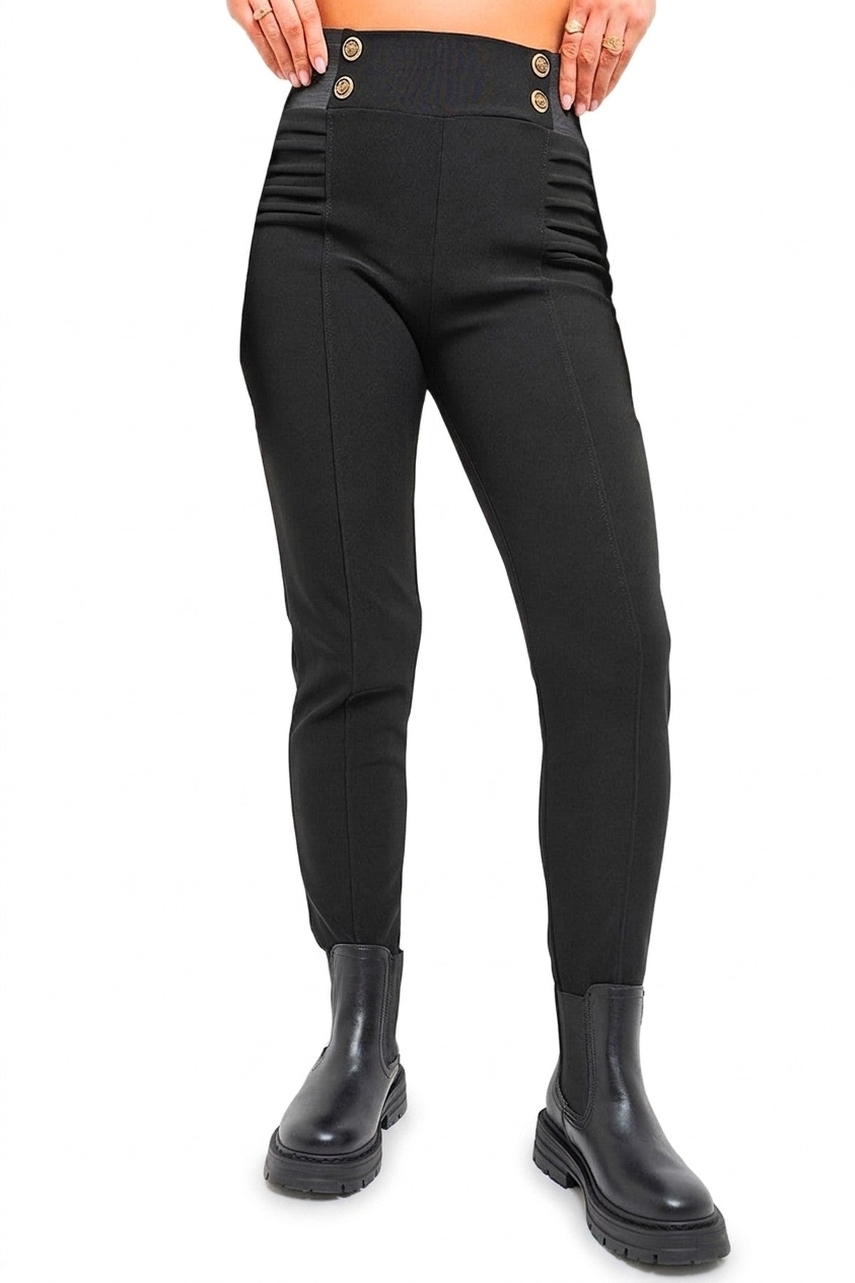 Ariah Elastic Waist Button Detail Leggings - BLACK