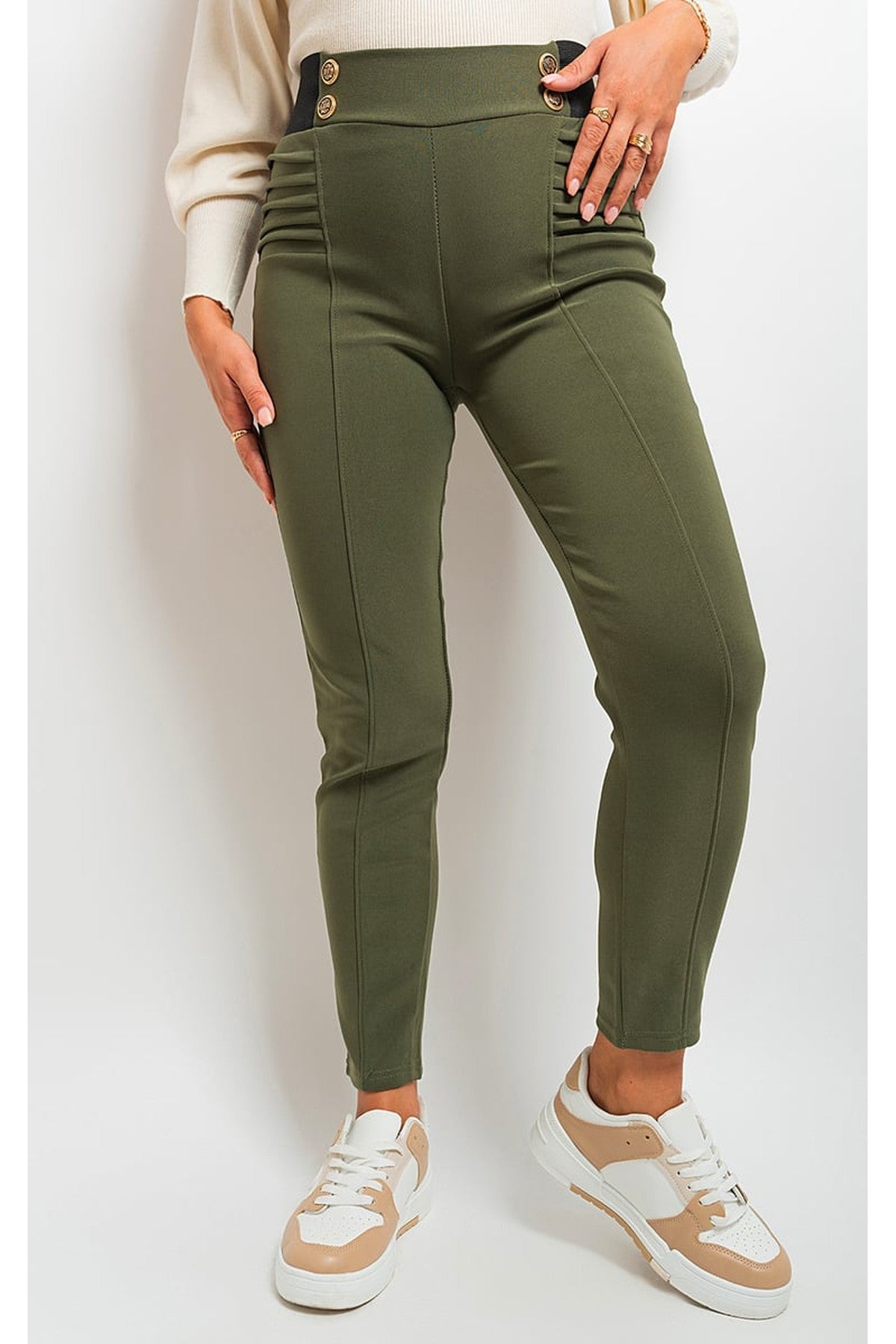 Ariah Elastic Waist Button Detail Leggings - Khaki
