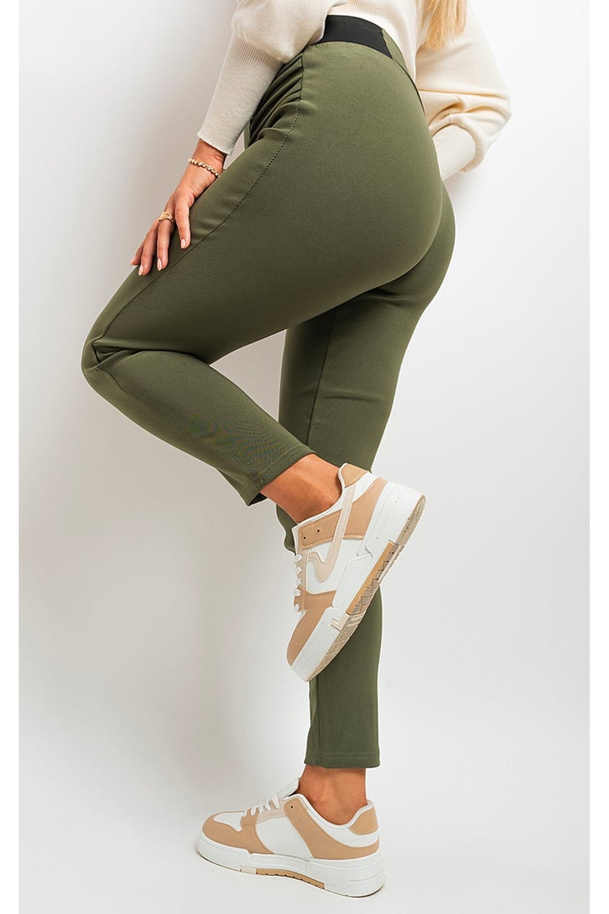 Ariah Elastic Waist Button Detail Leggings - Khaki