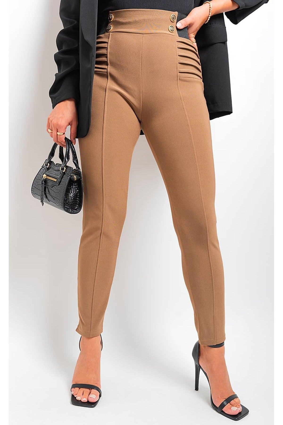 Ariah Elastic Waist Button Detail Leggings - Mocha