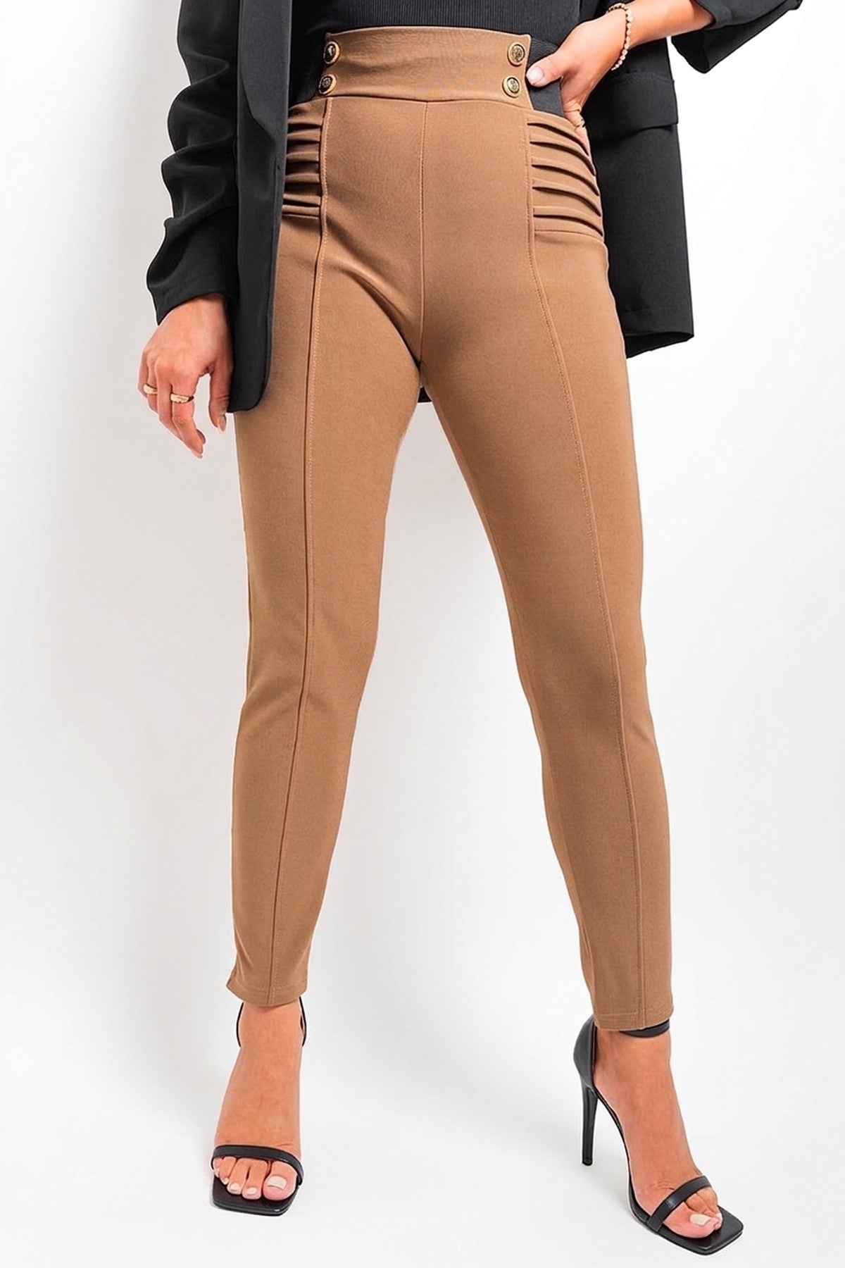 Ariah Elastic Waist Button Detail Leggings - Mocha