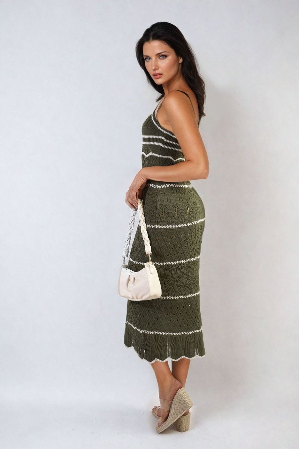 Ariana Strappy Long Knitted Stripe Cami Dress - Khaki