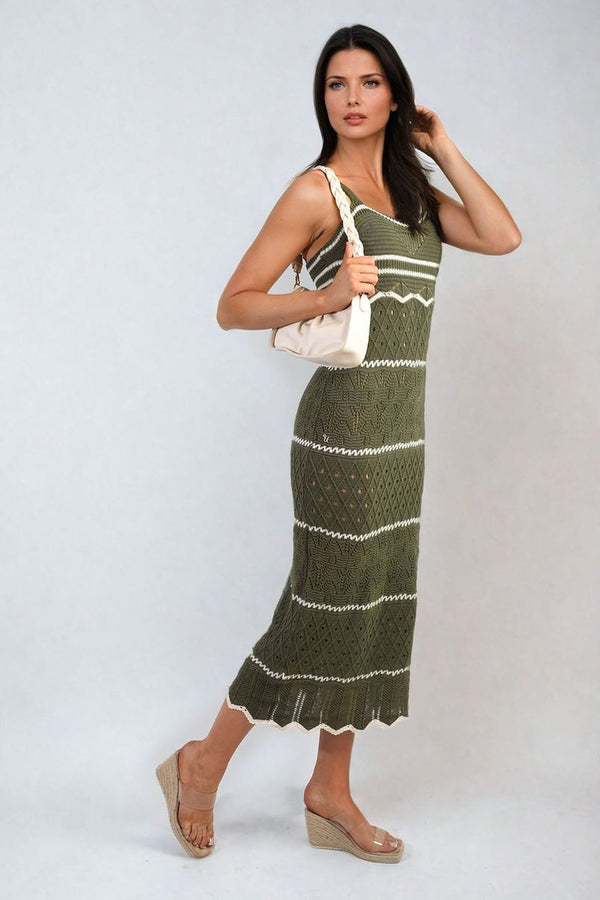 Ariana Strappy Long Knitted Stripe Cami Dress - Khaki