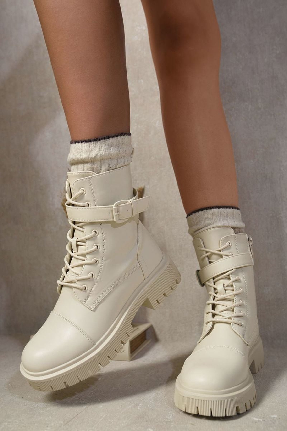 Ariella Lace Up Buckle Chunky Combat Boots - Beige