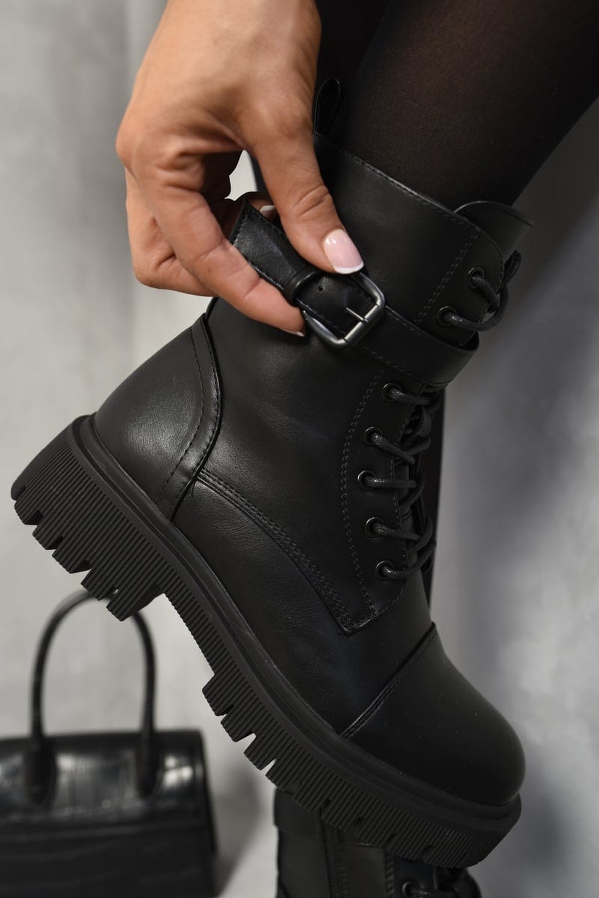 Ariella Lace Up Buckle Chunky Combat Boots - Black