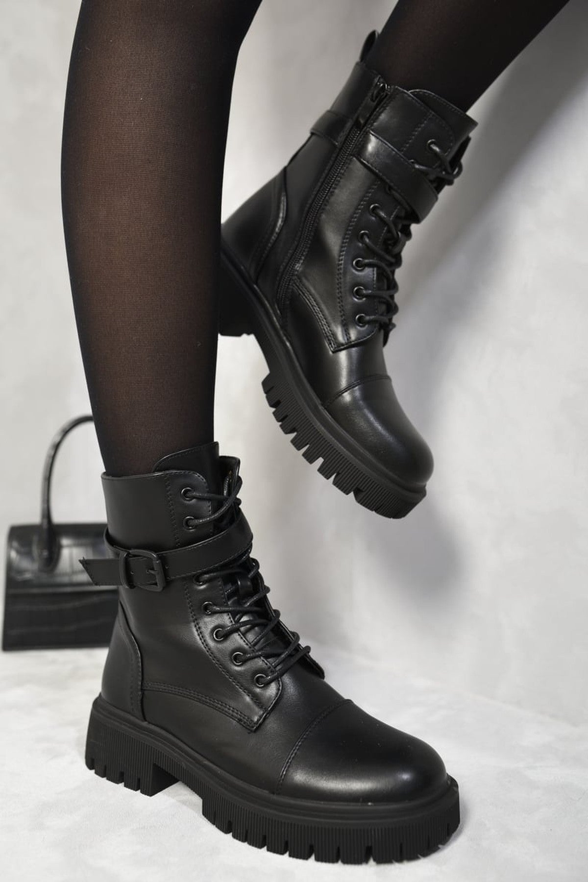Ariella Lace Up Buckle Chunky Combat Boots - Black