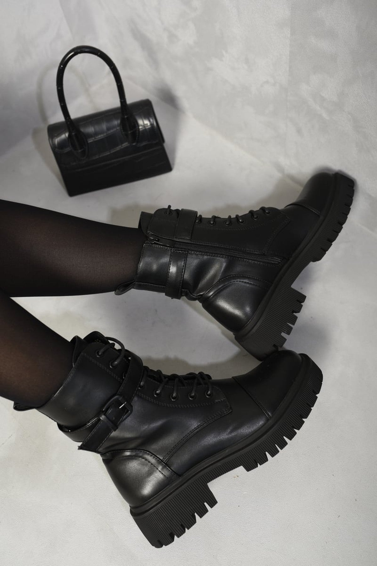 Ariella Lace Up Buckle Chunky Combat Boots - Black