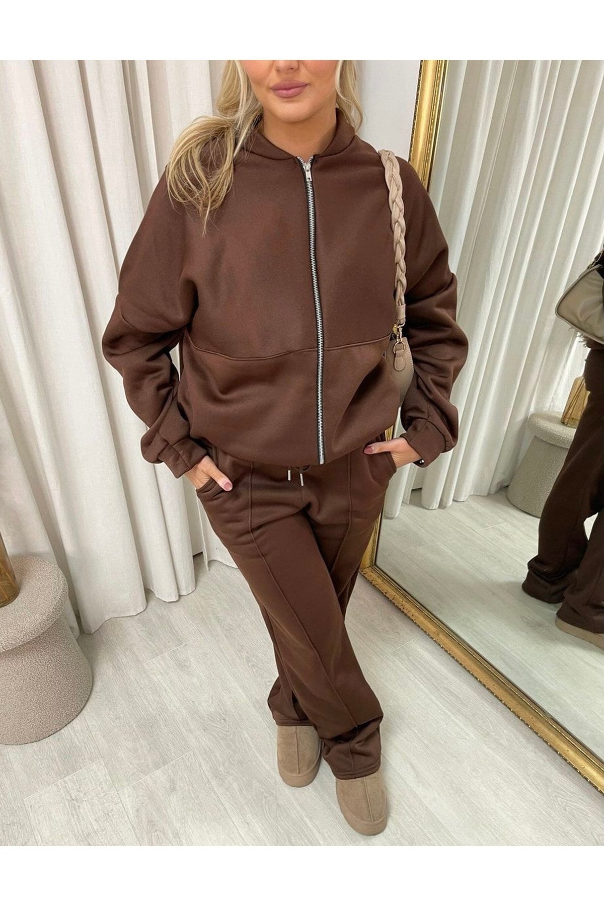 Ashlee Zip Bomber Jacket And Trouser Co-ord Set - Brown