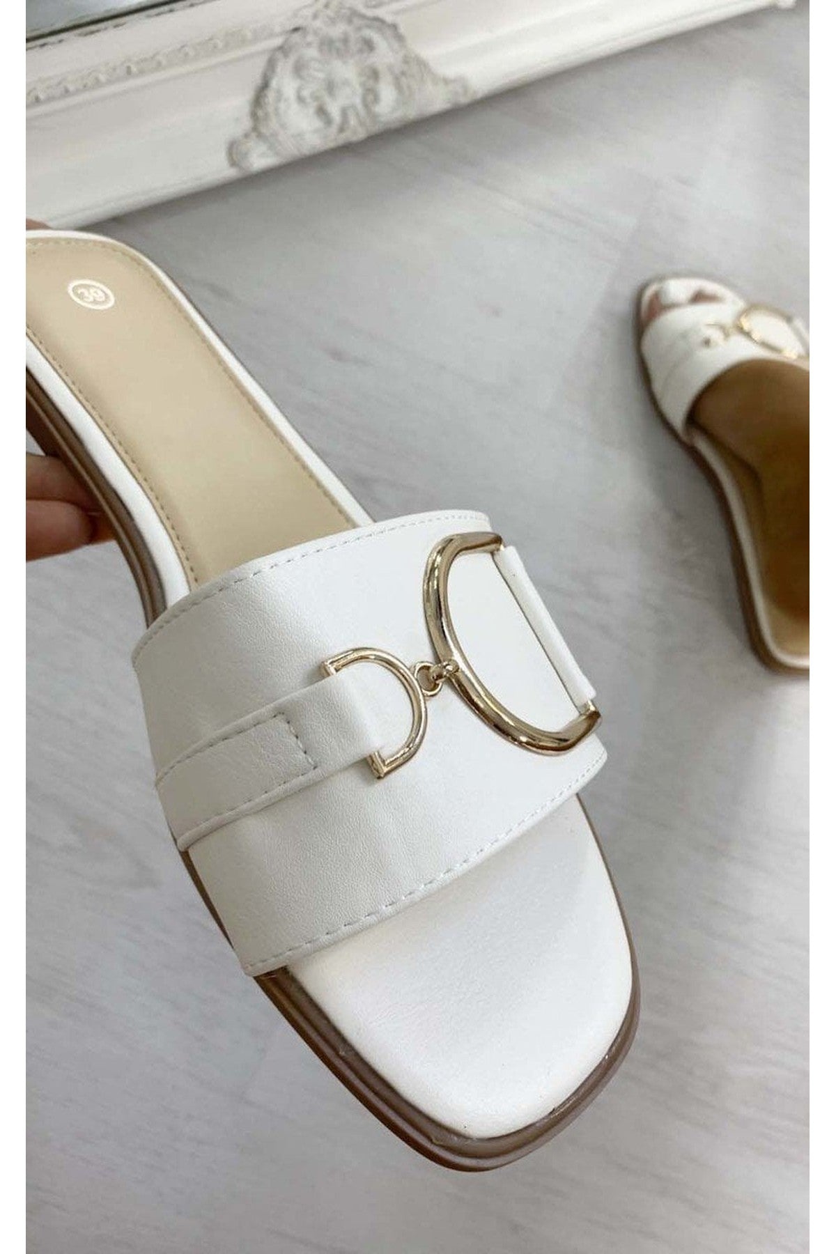 Ashleigh Gold Detail Sliders - White