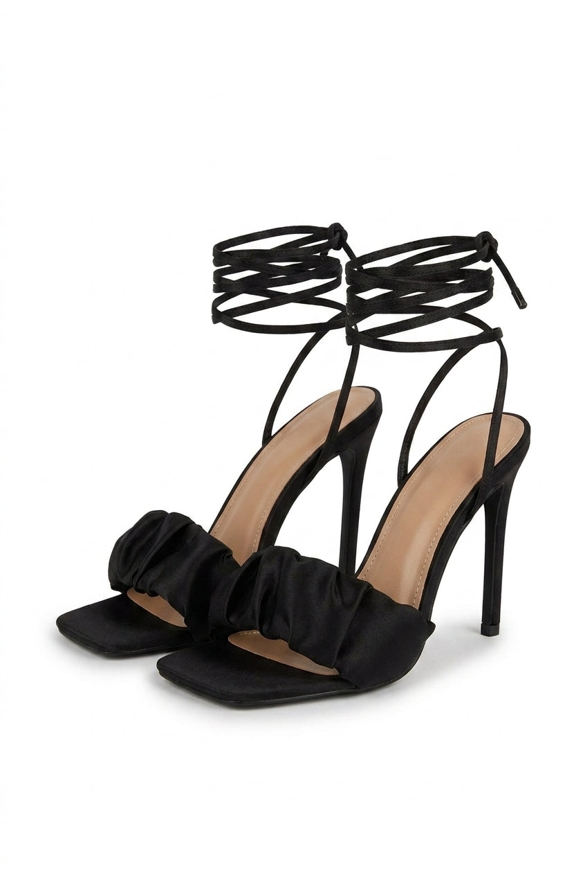 Audrey Ruffle Lace Up High Heels - Black_wb