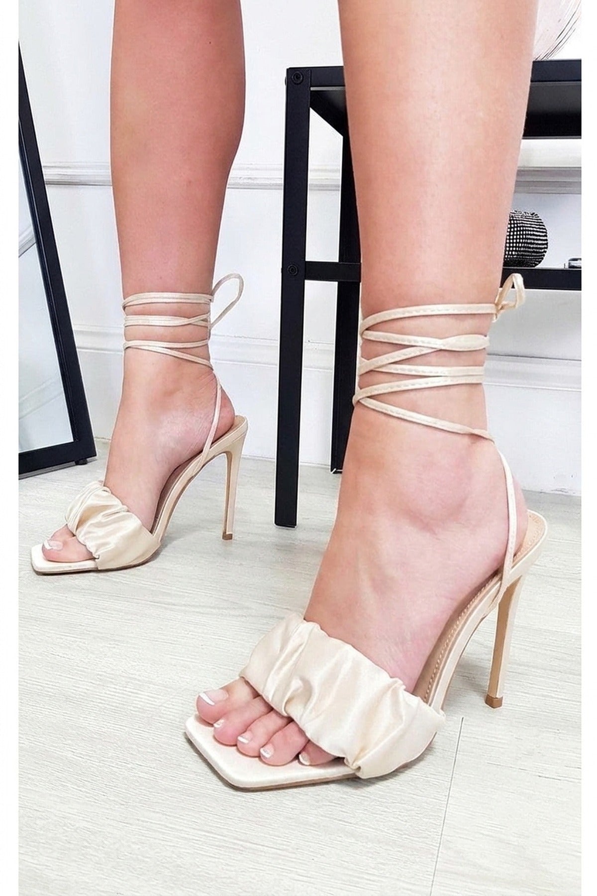 Audrey Ruffle Lace Up High Heels - Nude