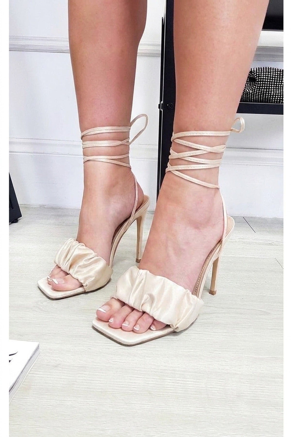 Audrey Ruffle Lace Up High Heels - Nude
