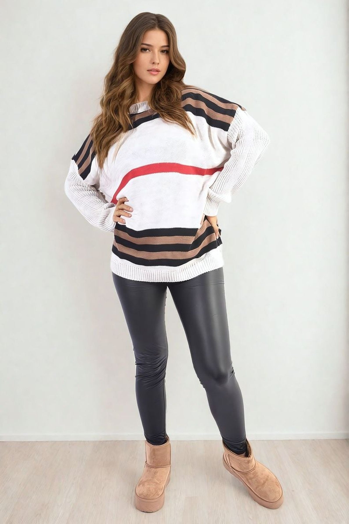 Ava Oversized Striped Long Sleeve Knitted Jumper - White