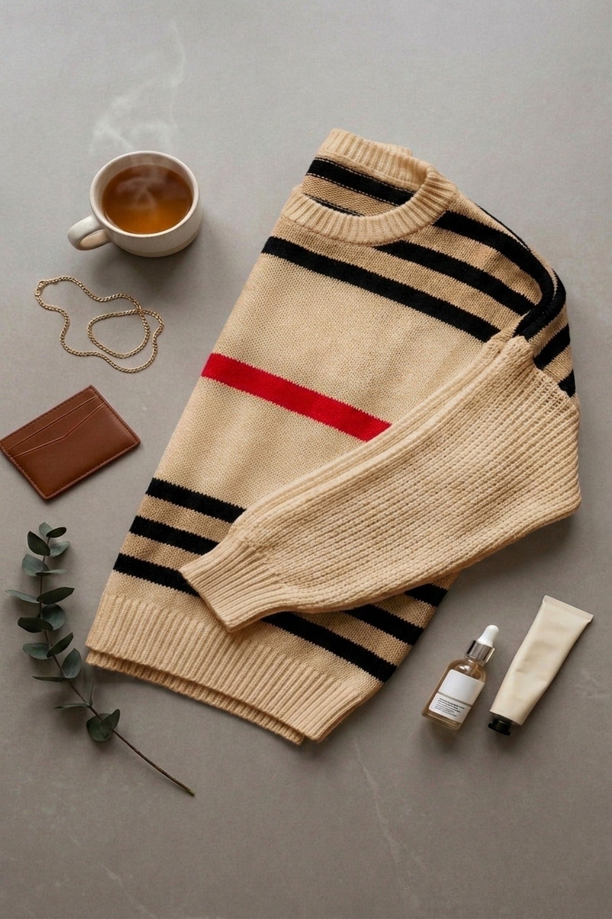 Ava Oversized Striped Long Sleeve Knitted Jumper - Beige