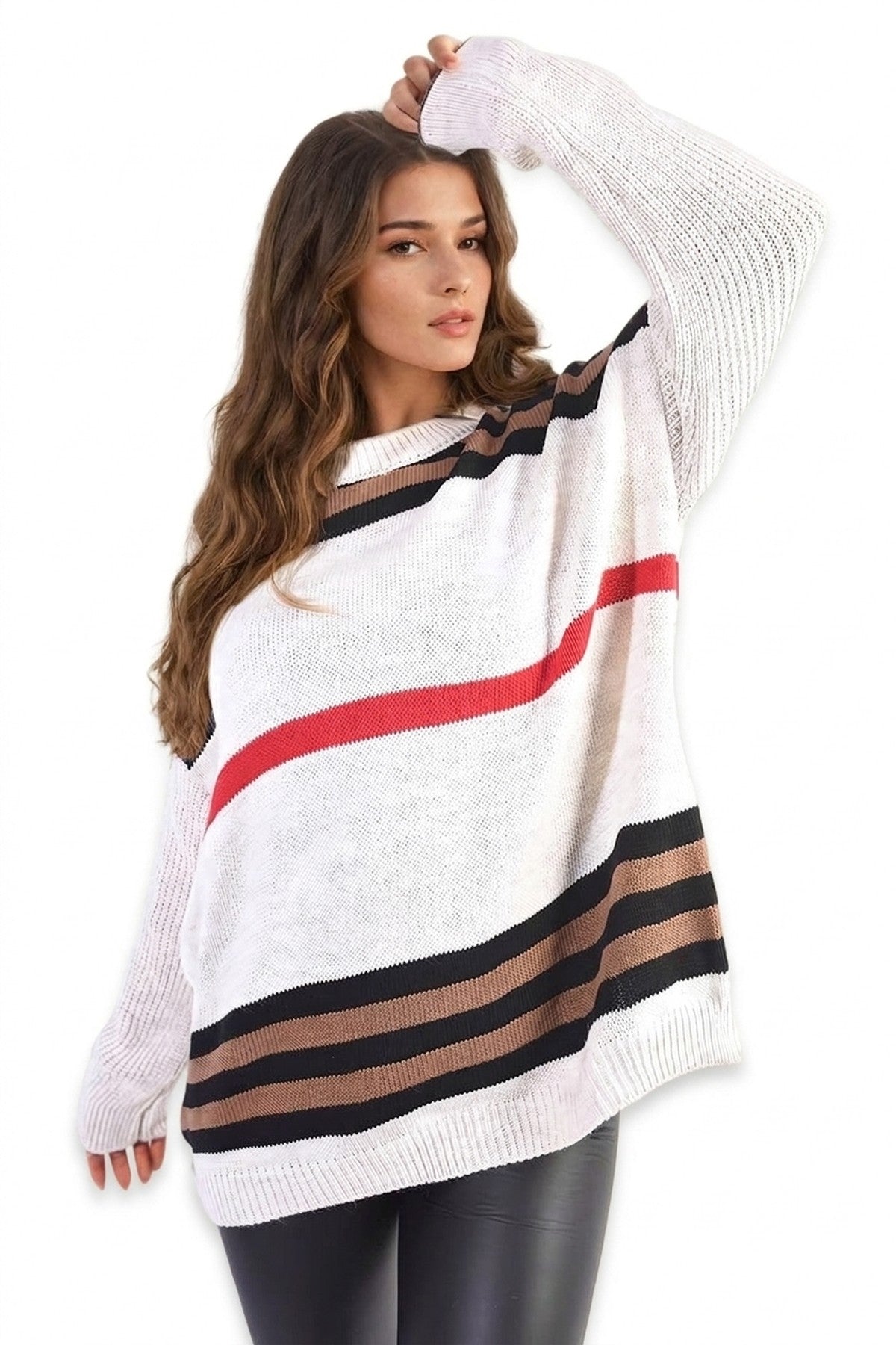 Ava Oversized Striped Long Sleeve Knitted Jumper - White