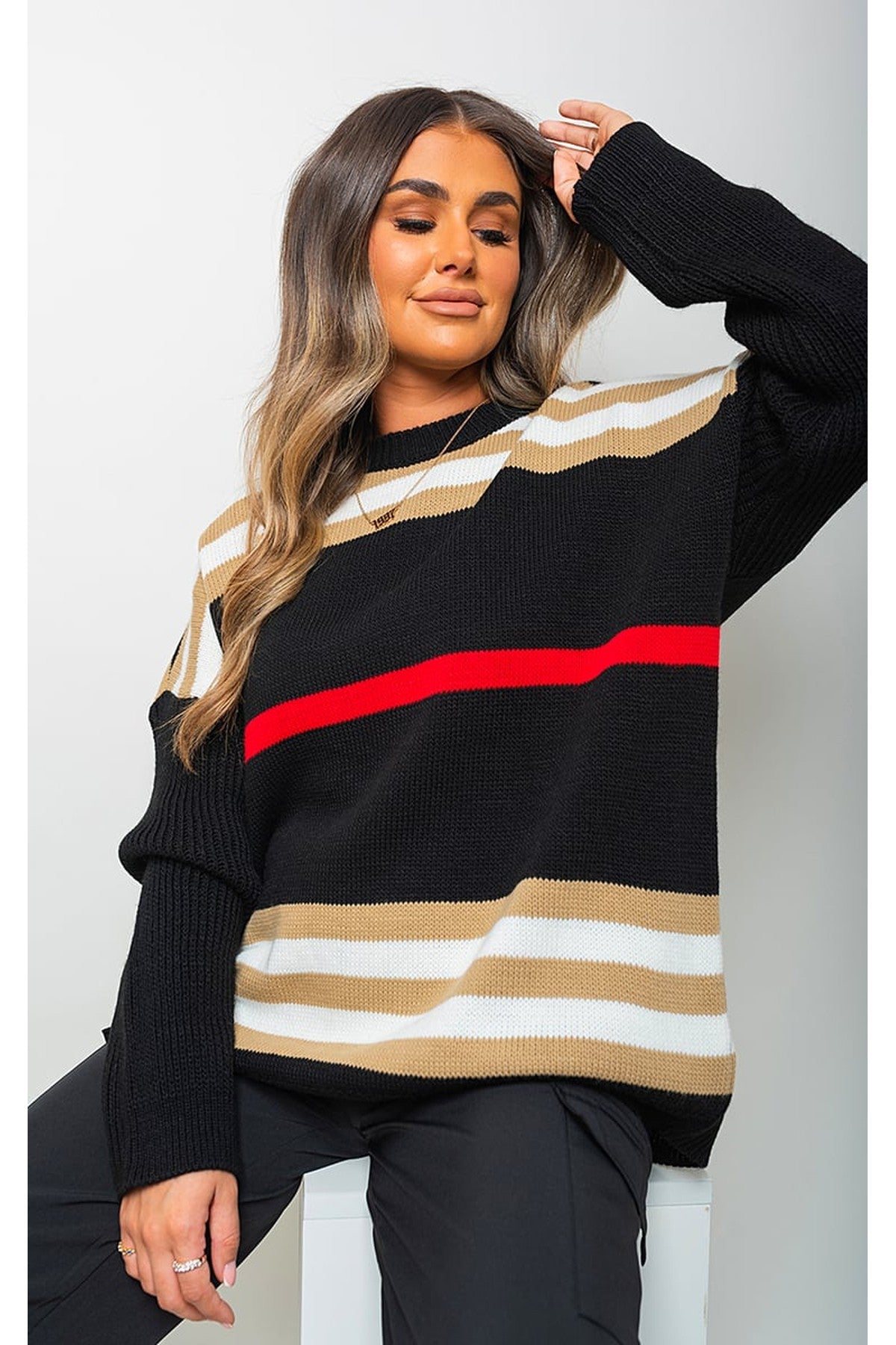 Ava Oversized Striped Long Sleeve Knitted Jumper - Black
