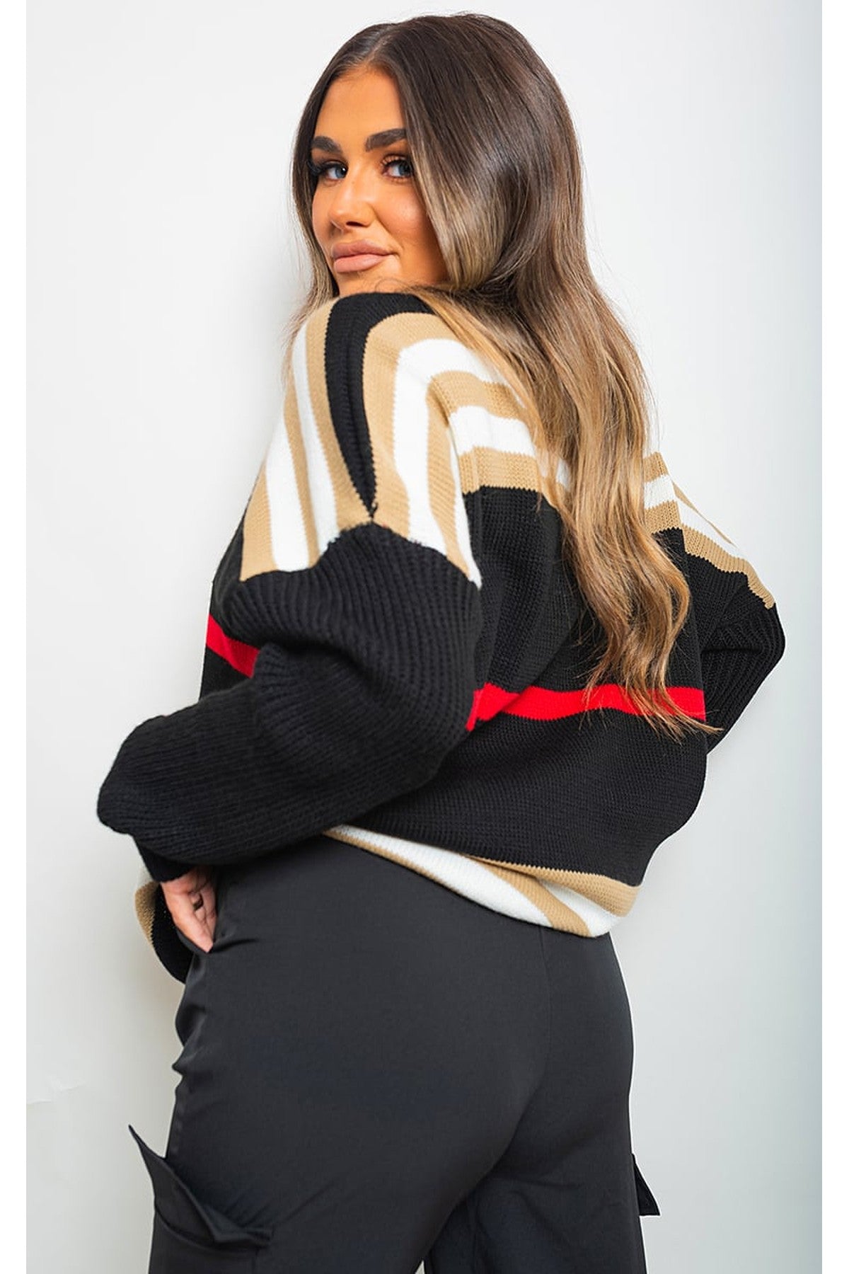Ava Oversized Striped Long Sleeve Knitted Jumper - Black