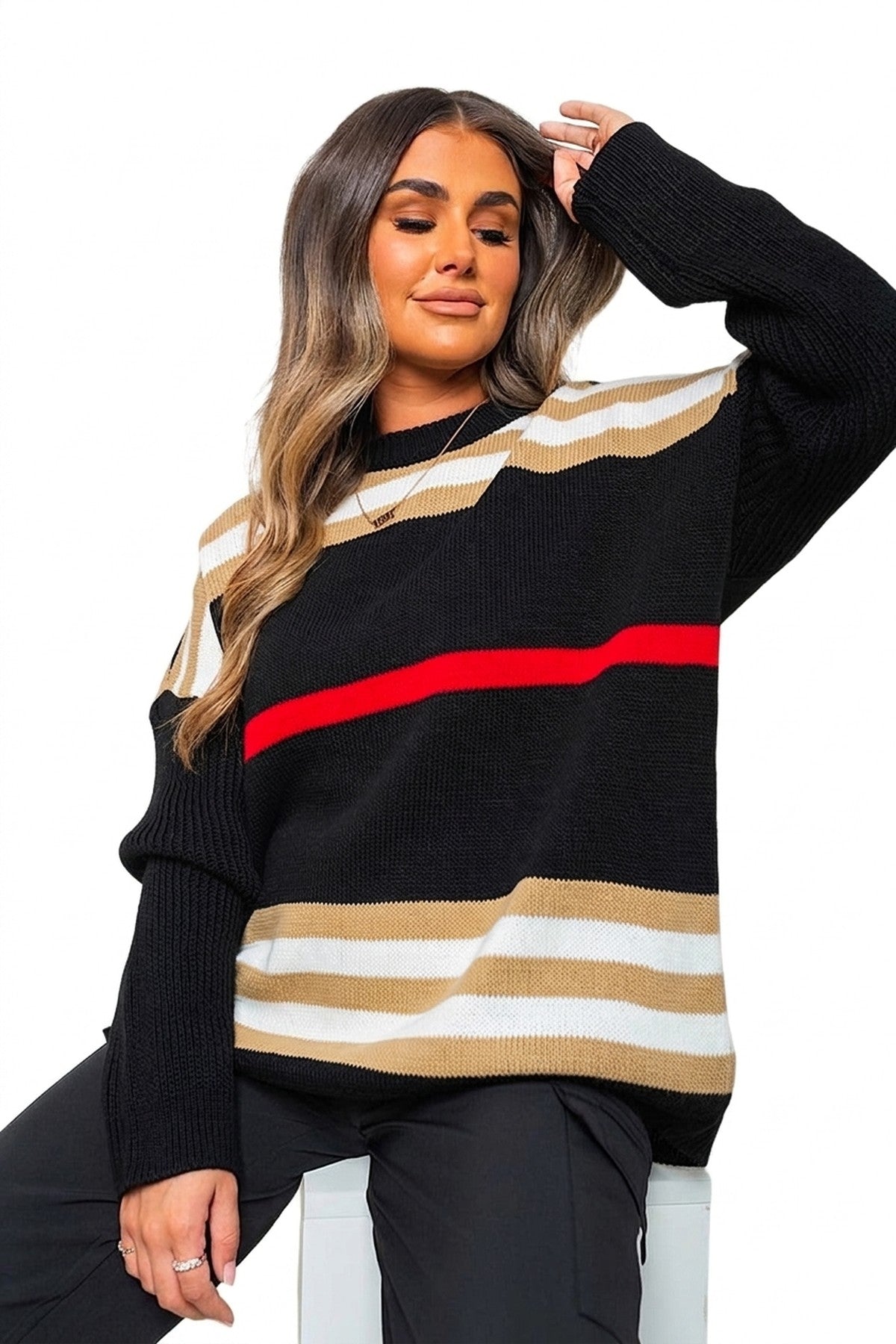 Ava Oversized Striped Long Sleeve Knitted Jumper - Black