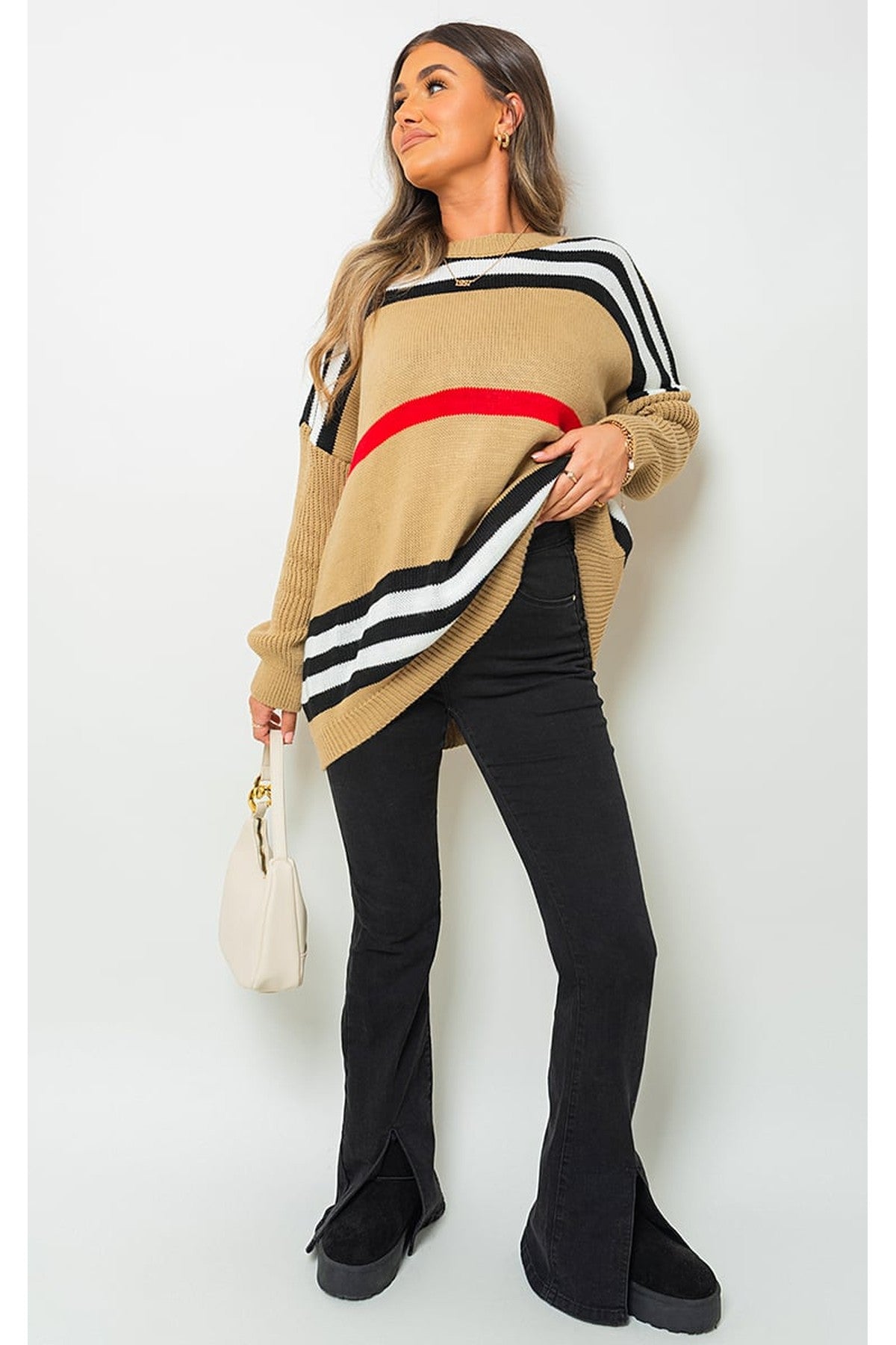 Ava Oversized Striped Long Sleeve Knitted Jumper - Camel