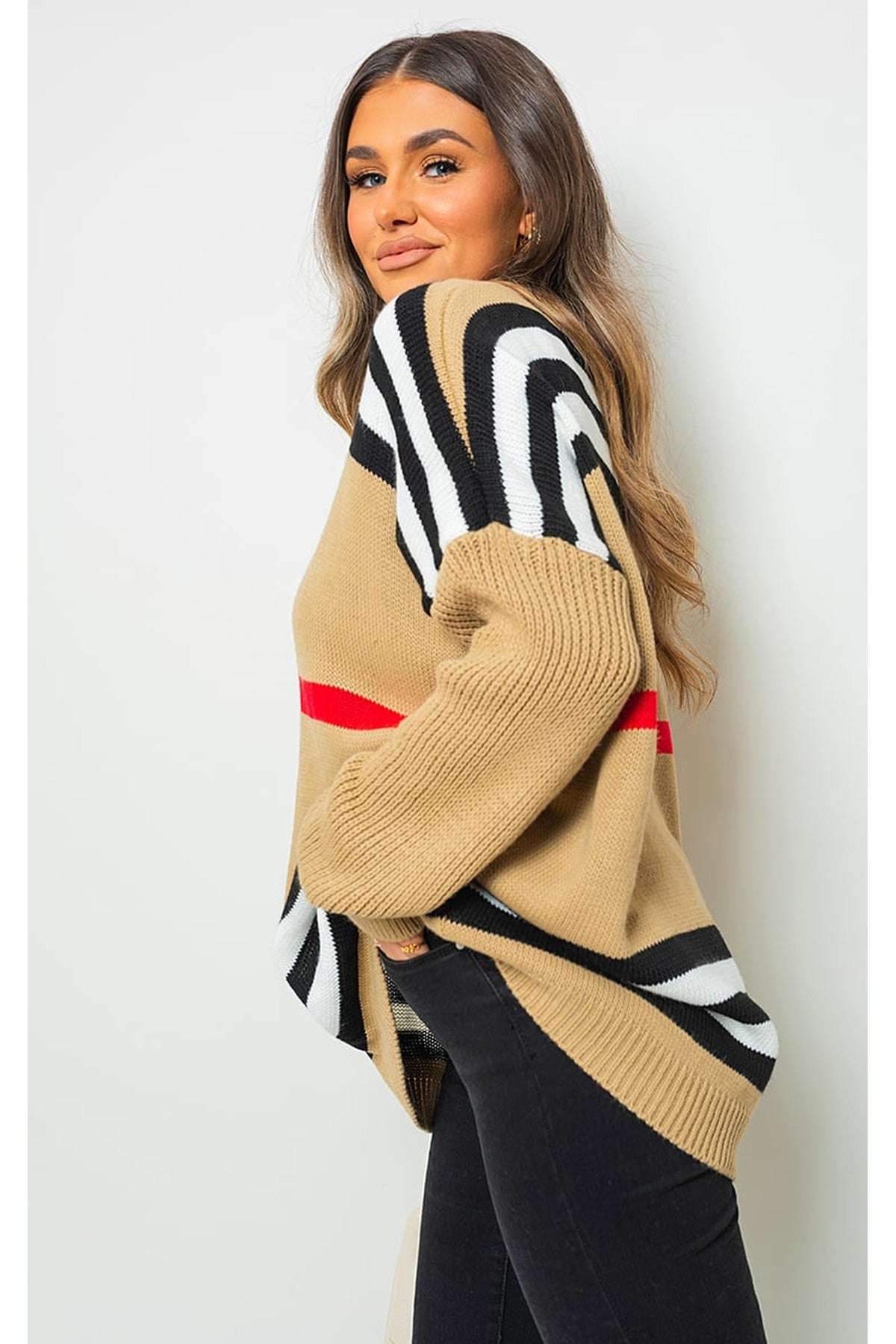 Ava Oversized Striped Long Sleeve Knitted Jumper - Camel
