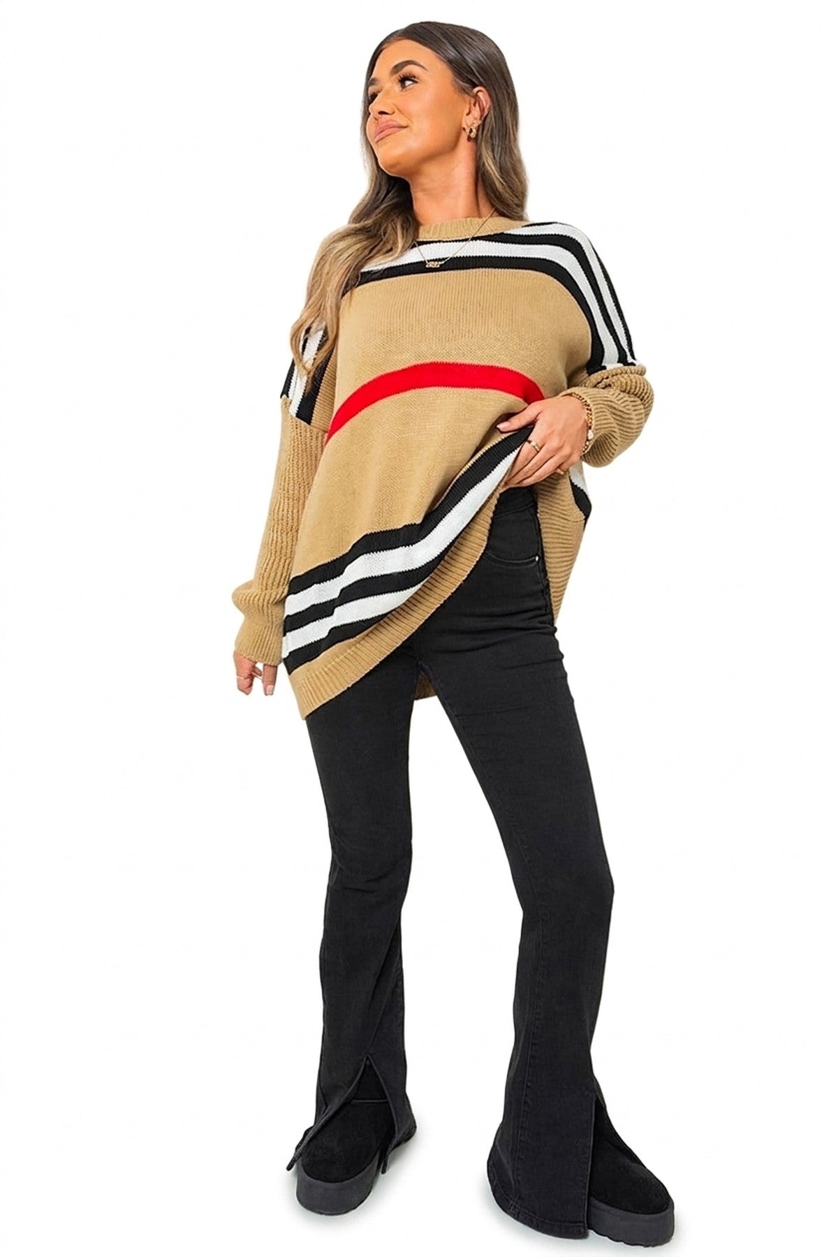 Ava Oversized Striped Long Sleeve Knitted Jumper - Camel