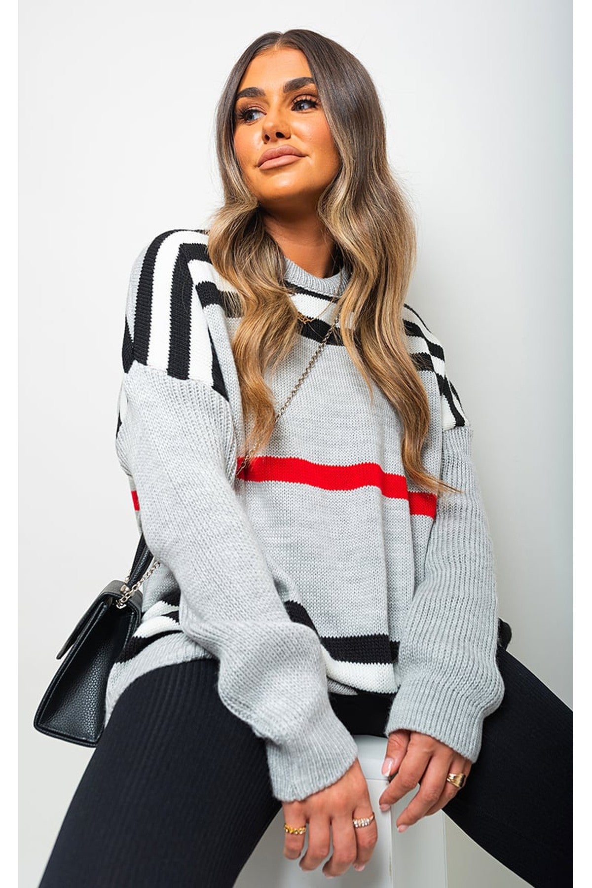 Ava Oversized Striped Long Sleeve Knitted Jumper - Grey