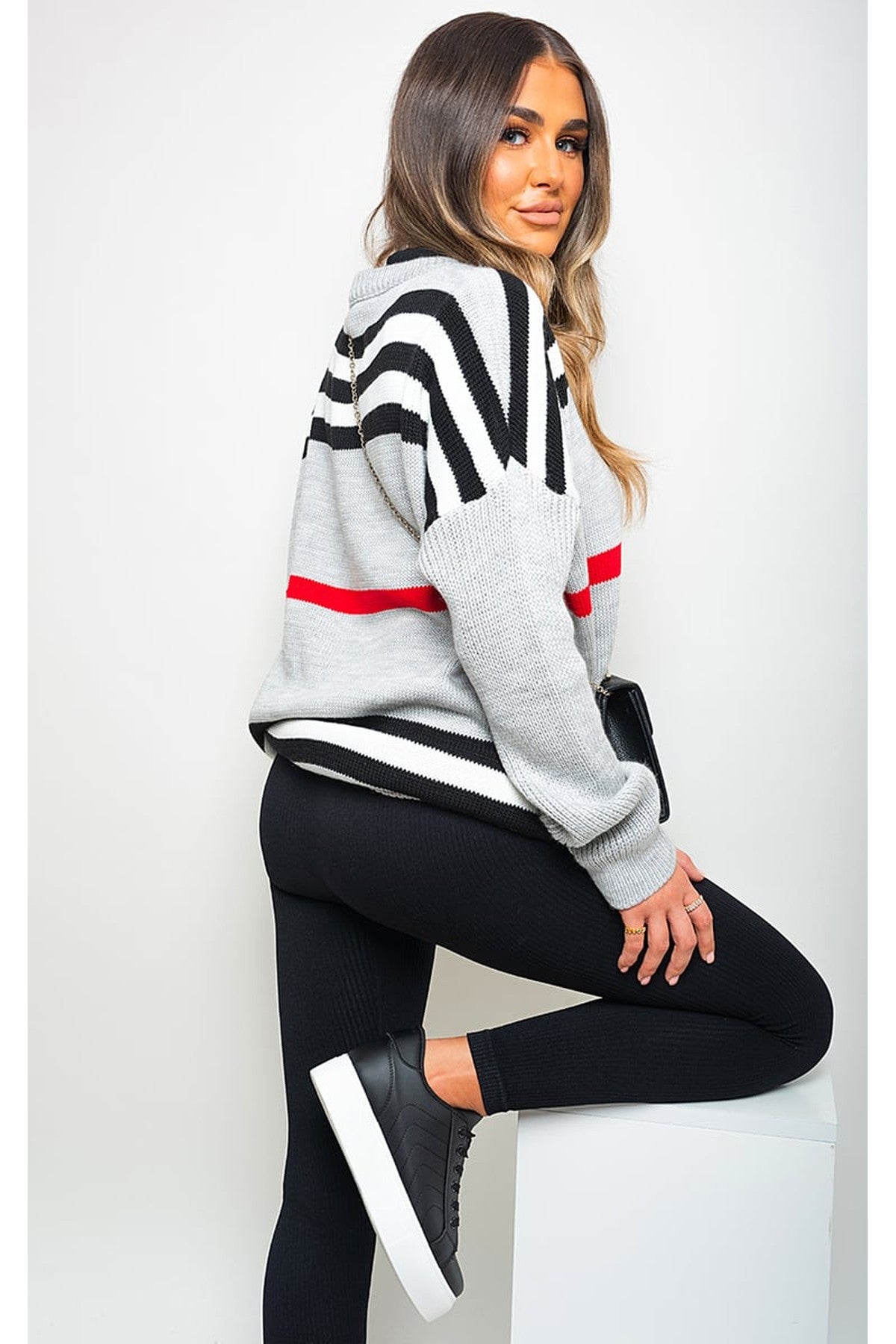 Ava Oversized Striped Long Sleeve Knitted Jumper - Grey