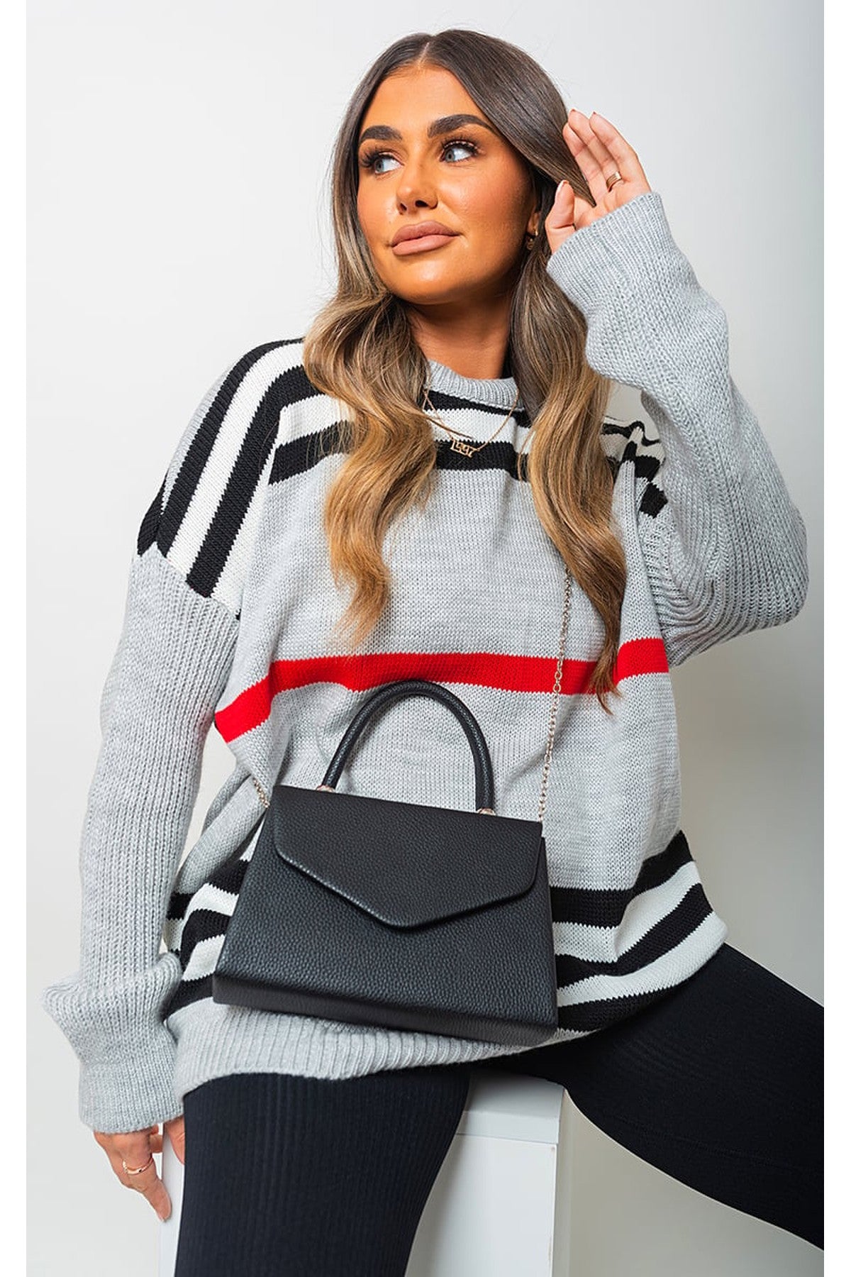 Ava Oversized Striped Long Sleeve Knitted Jumper - Grey