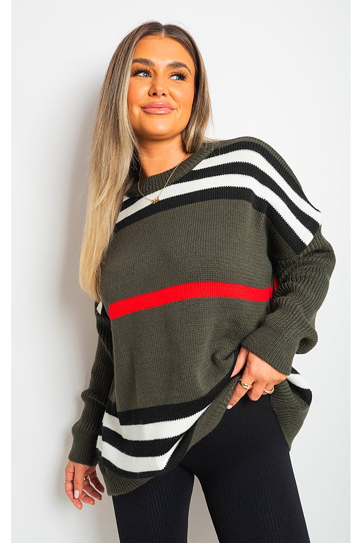 Ava Oversized Striped Long Sleeve Knitted Jumper - Khaki