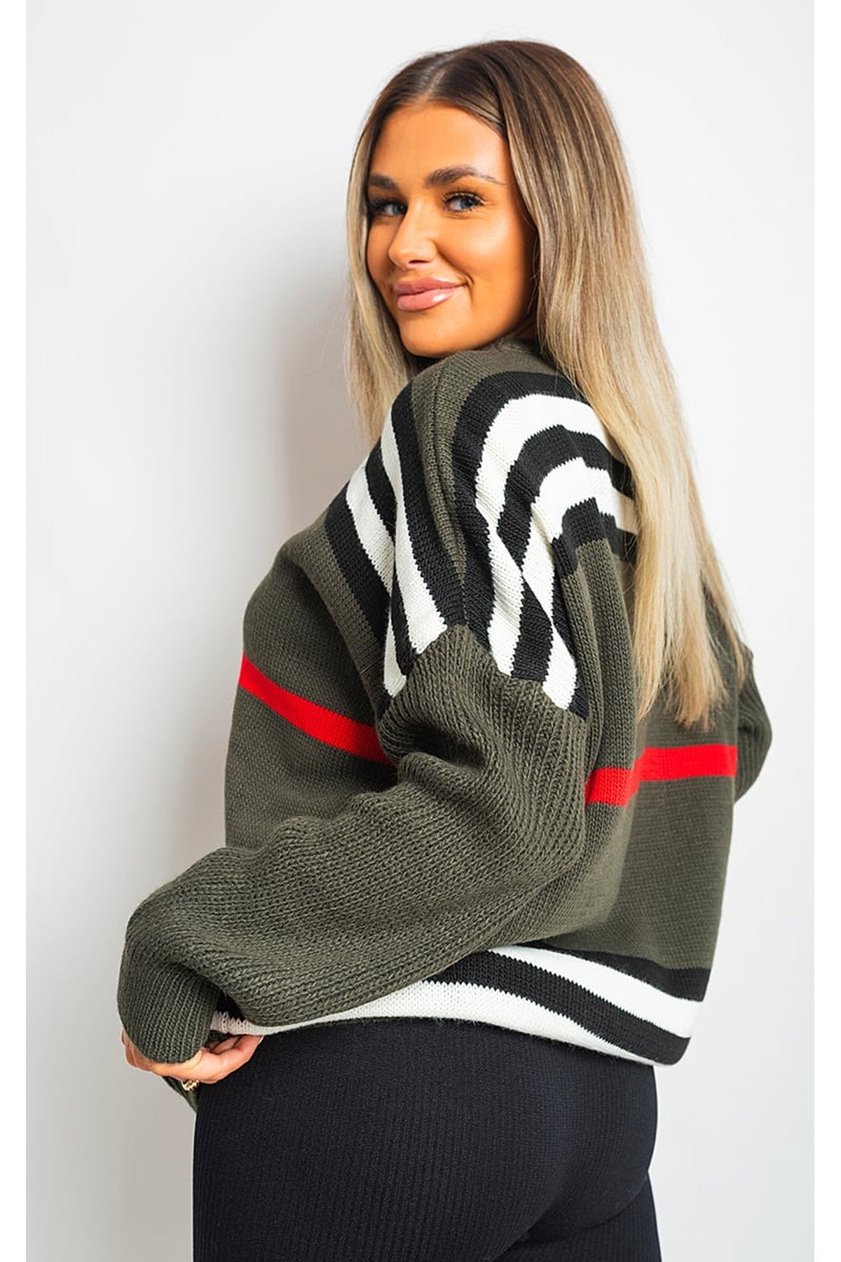 Ava Oversized Striped Long Sleeve Knitted Jumper - Khaki
